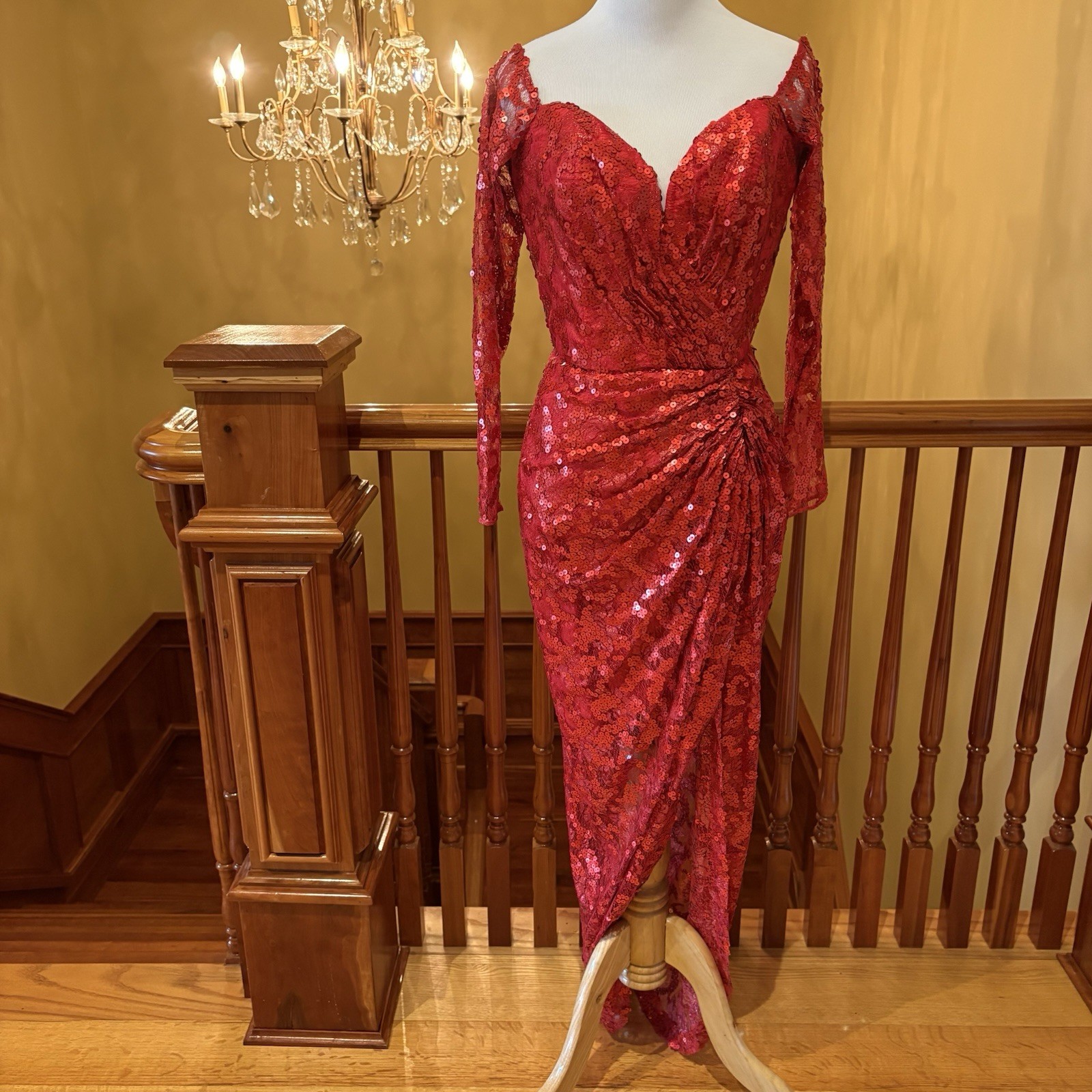 1980s Vicky Tiel Vintage Red Sequin Beaded Metallic Lace Nordstrom Dress 6