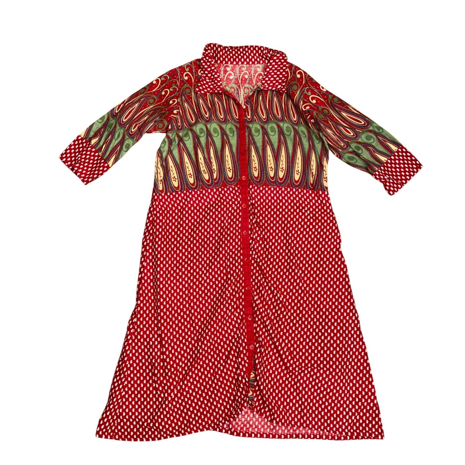 Vtg handmade Paisley Polka Dot Mixed Print Button Midi Dress western ethnic