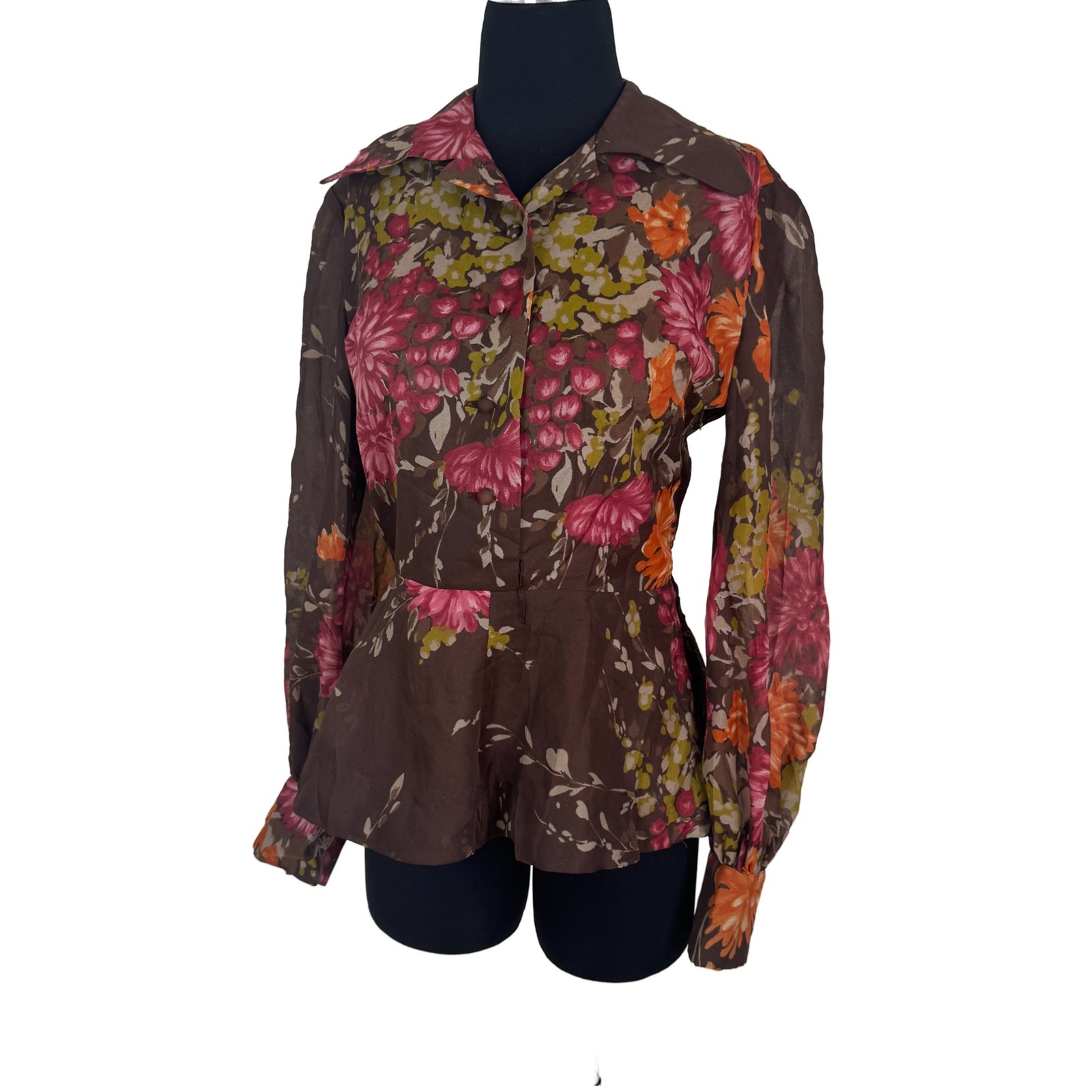 Vintage 1970s Zollner Modell German Floral Blouse Sheer Bishop Sleeve Peplum