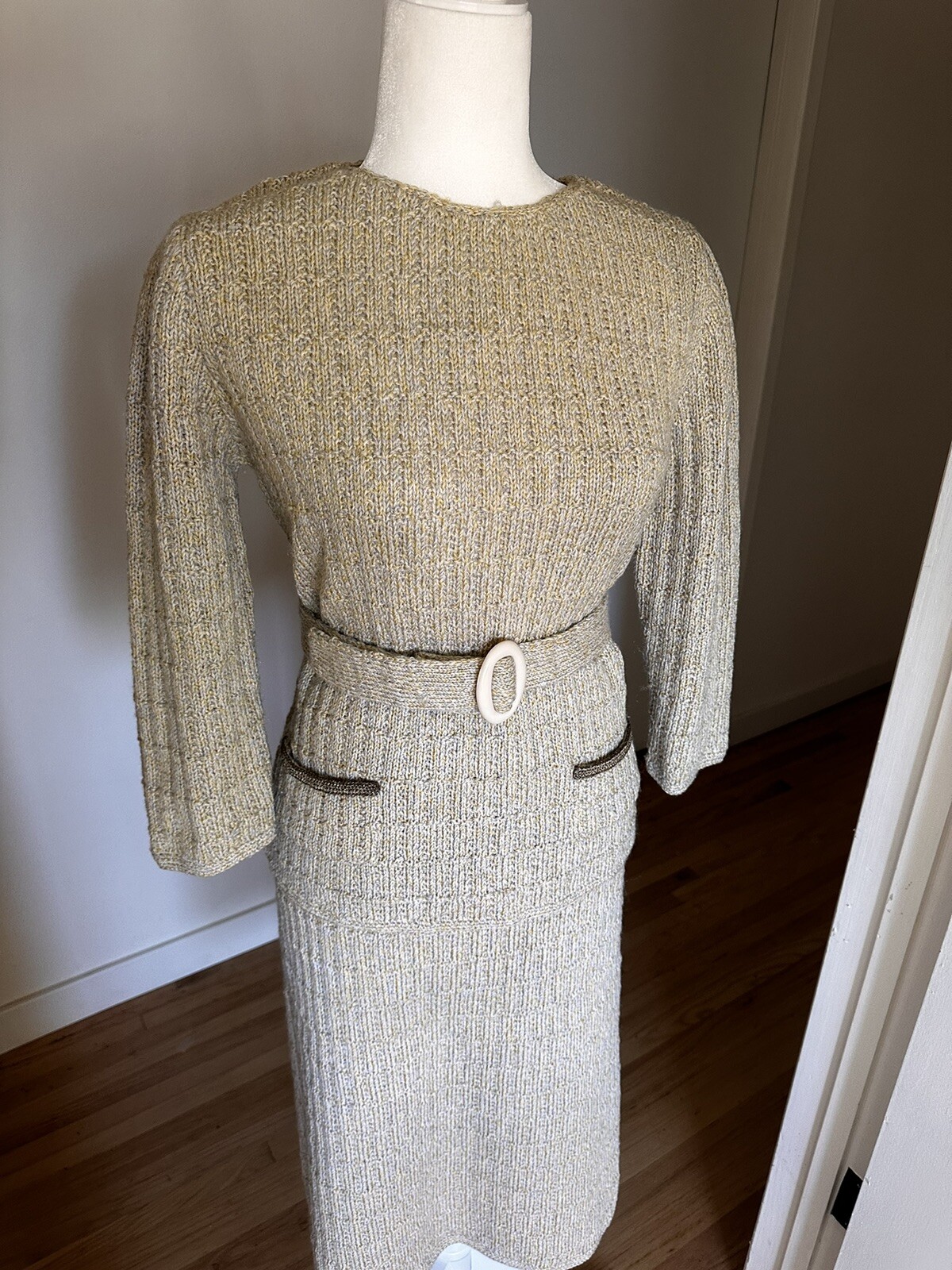 VTG Sweater Skirt Set Sydneys Knit Wool Gold Silver Metallic Stretch 1960s Rare