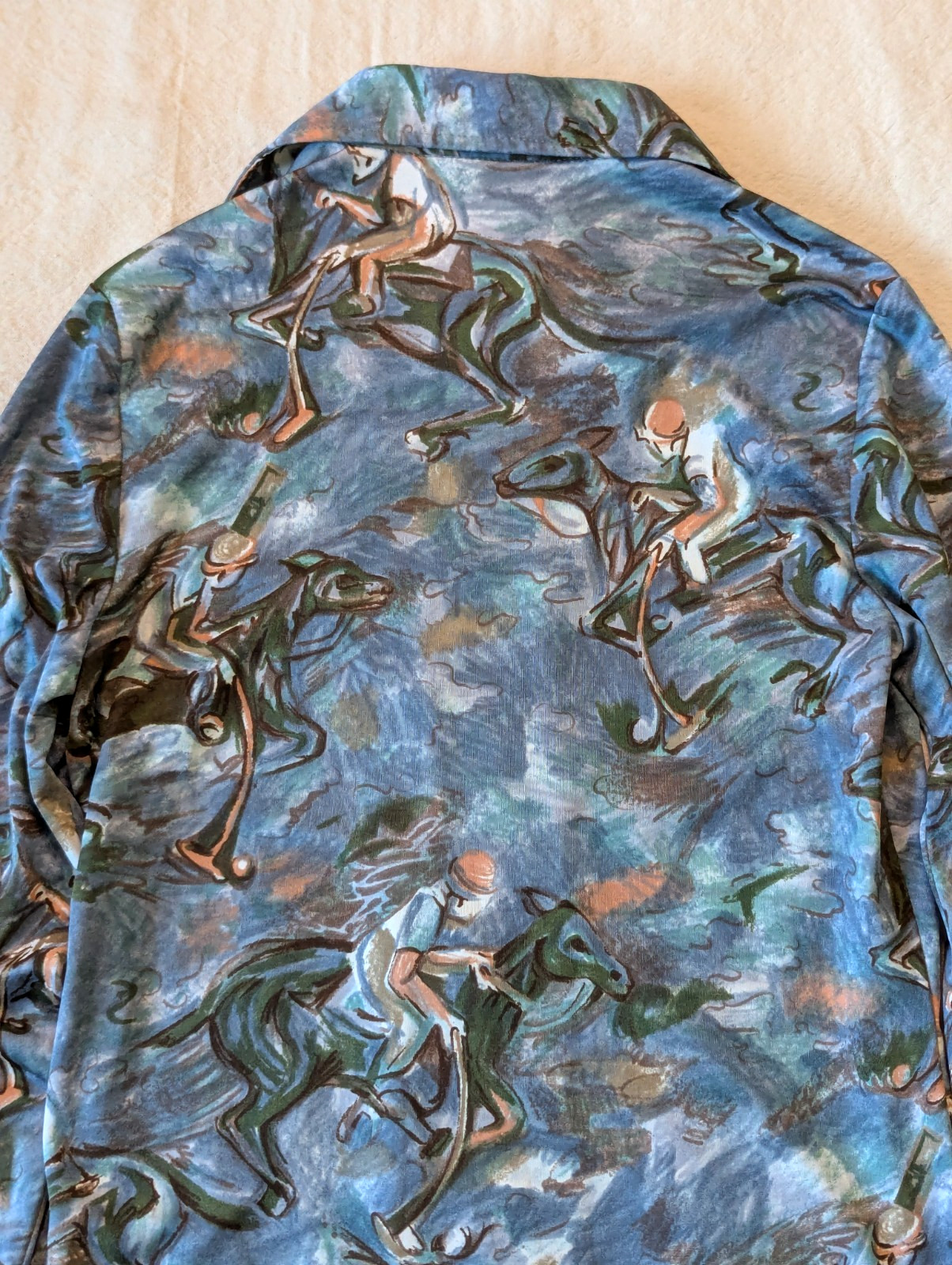 Three Flaggs VTG 70s Women’s Abstract Polo Jockey AOP Poly Button Up M/L