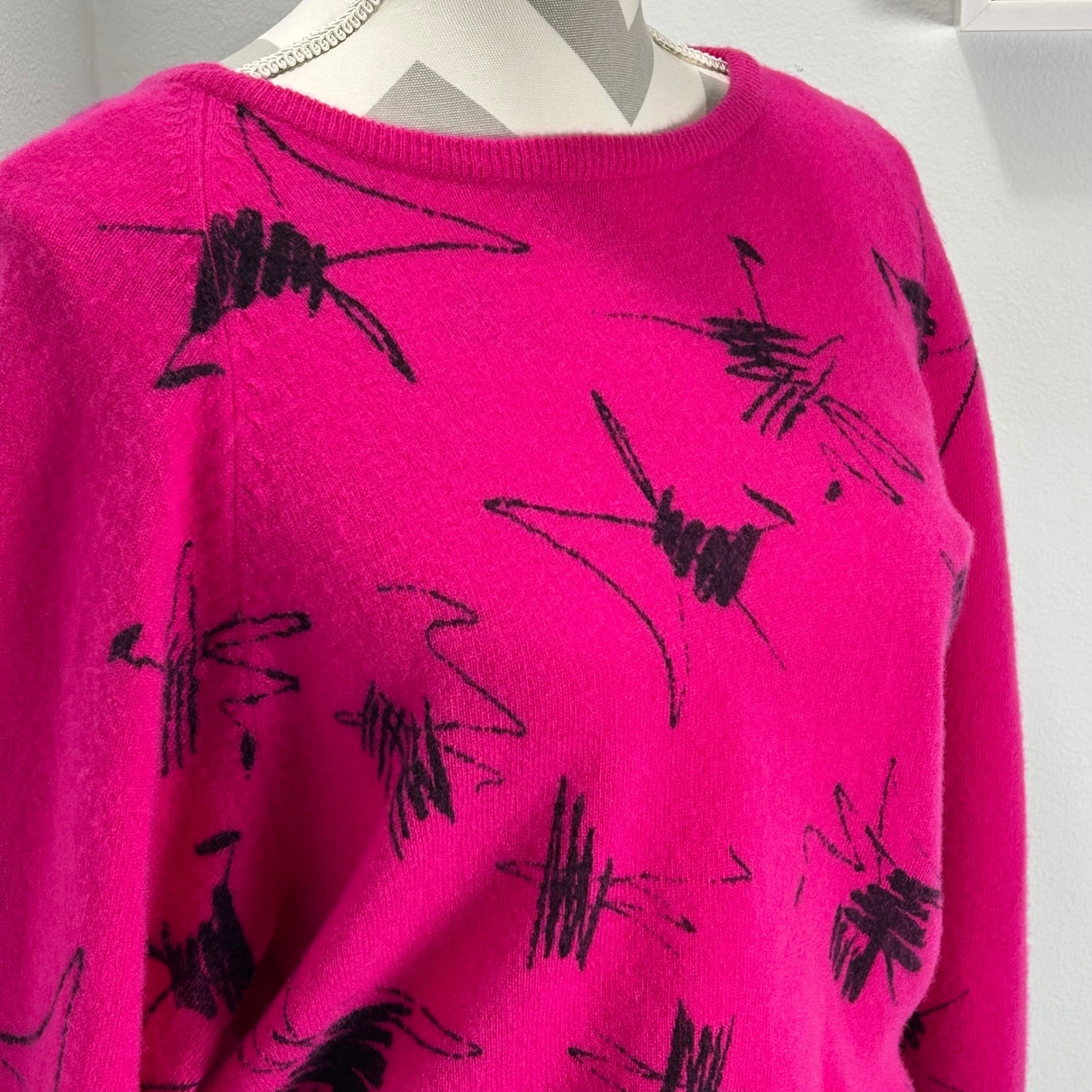 Jason Maxwell Vintage 80s Retro Wool Sweater Abstract Print Hot Pink Black Large