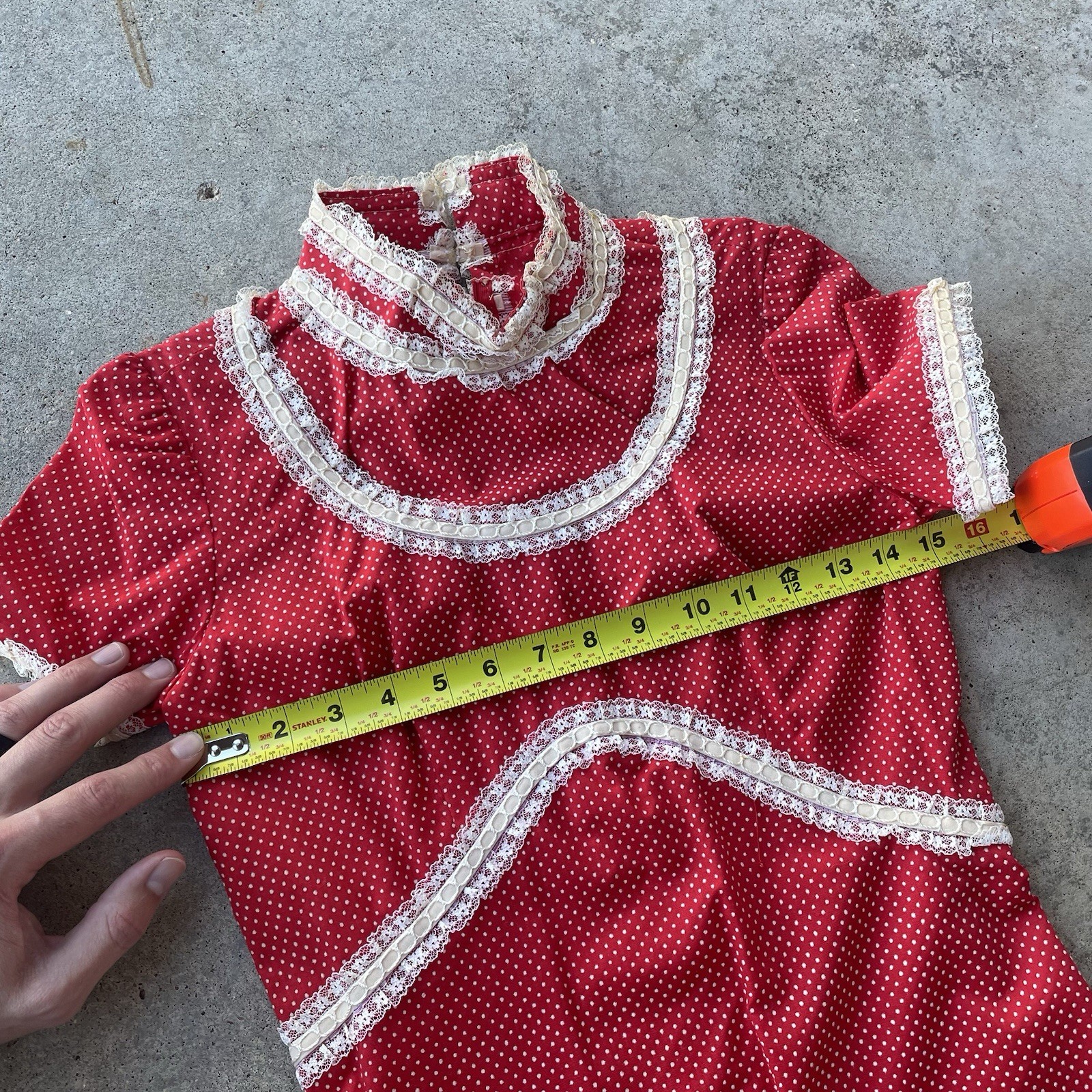 Prairie Cottage Core Vtg 70s Maxi Dress Red White Polka Dot Lace Trim Women’s S