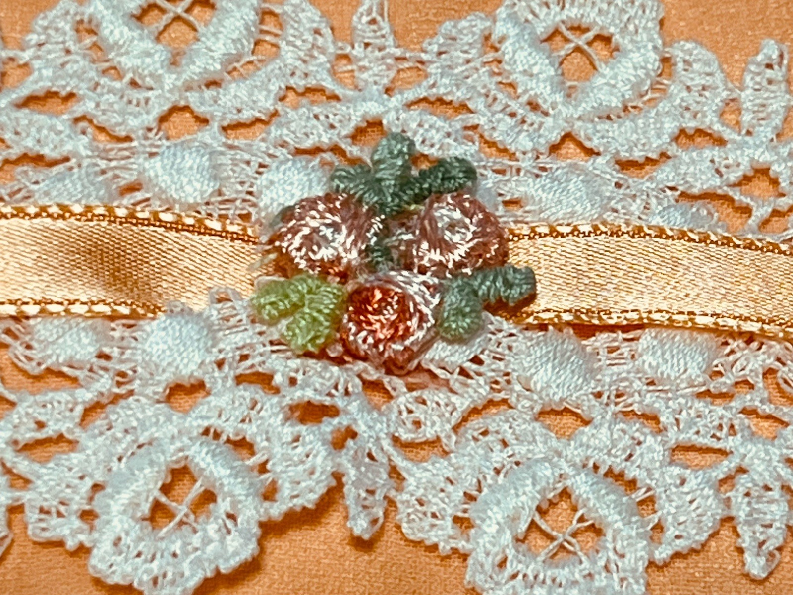 VTG 60s Peach Chiffon Maxi Dress Capelet Floral Lace Ribbon Trim Hemline Damage