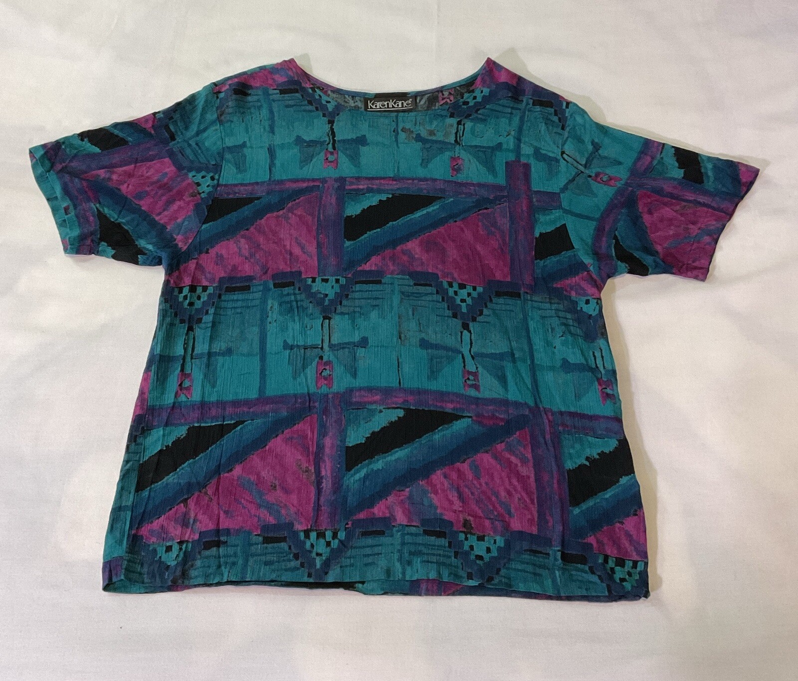 VTG 90s Karen Kane Women’s Sz 8 Multicolor Artsy Abstract Print Rayon Shirt USA