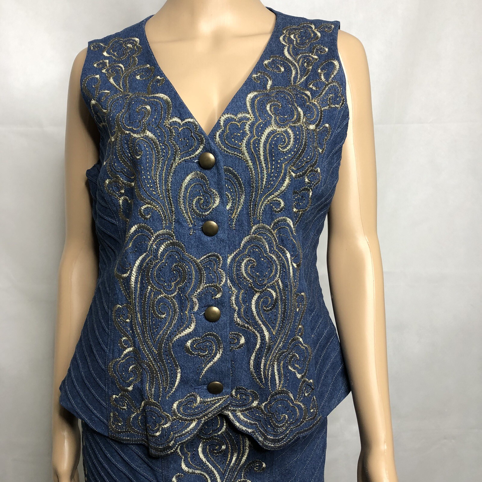 Vintage J Song Denim Vest and Skirt Size S Embroidered Gold Rodeo Country Chic