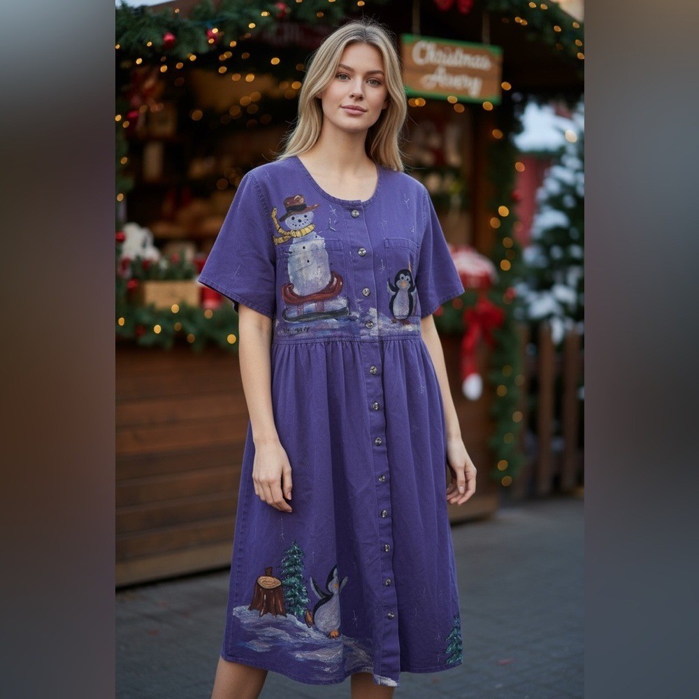 Vintage Hand Painted Purple Denim Christmas Dress Snowman Penguin Winter Friends