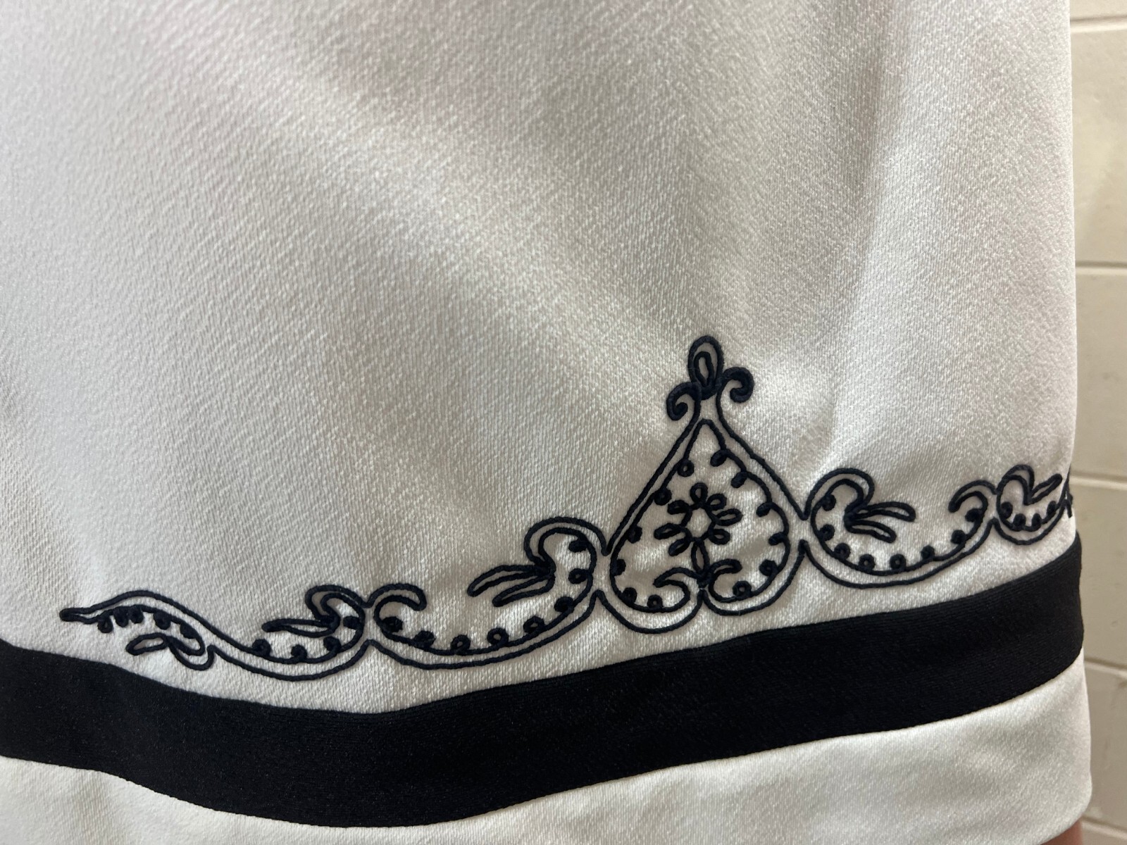 S~M Vtg 70s Mini Dress Fit Flare Soutache Braid Border Belted Knit Black White
