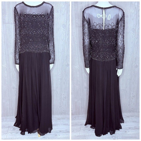 Vintage Ted lapidus long sleeve beaded sequin maxi dress silk 16 evening gown