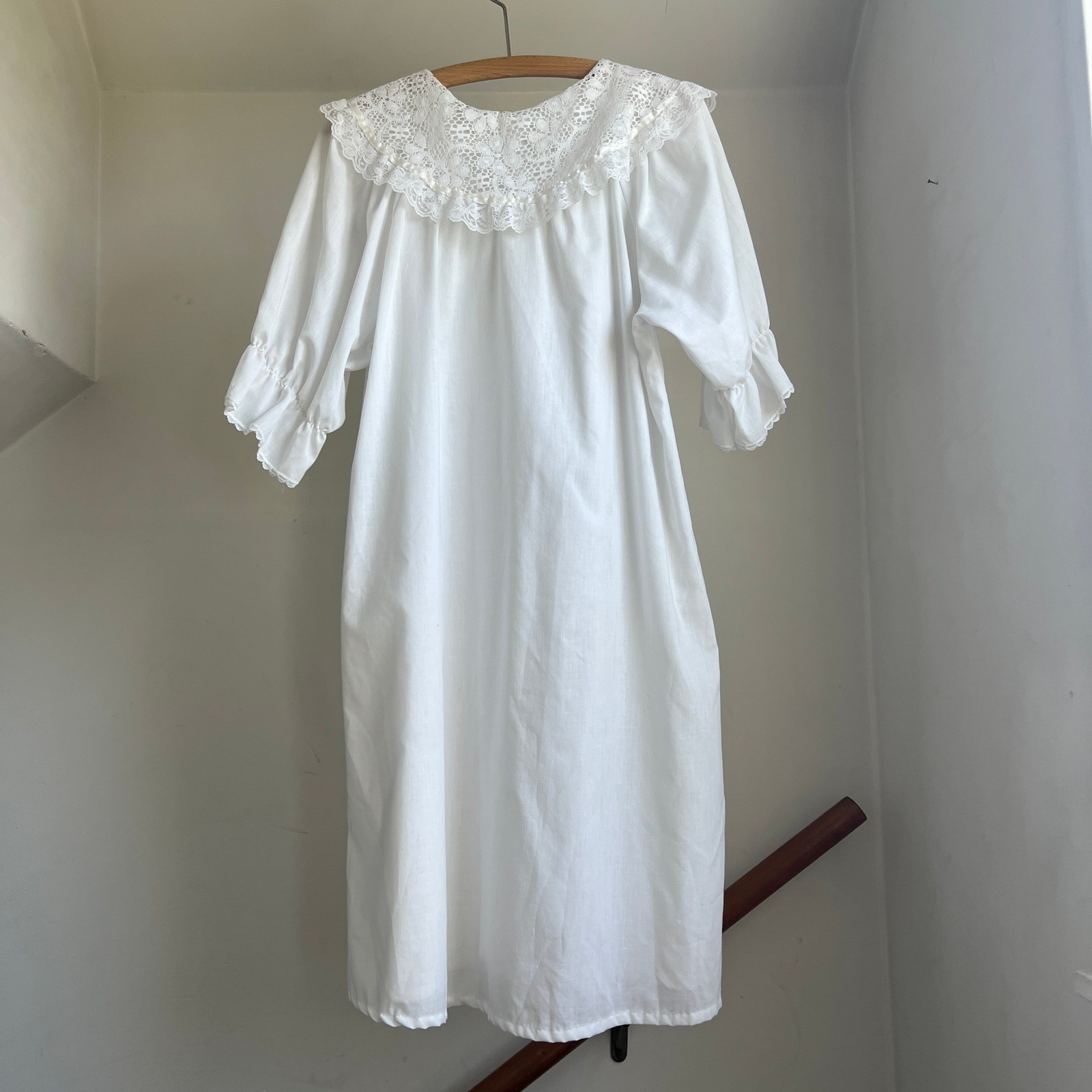 Vintage Cotton Blend Nightgown Medium White Lace Button Front Cottagecore Dress