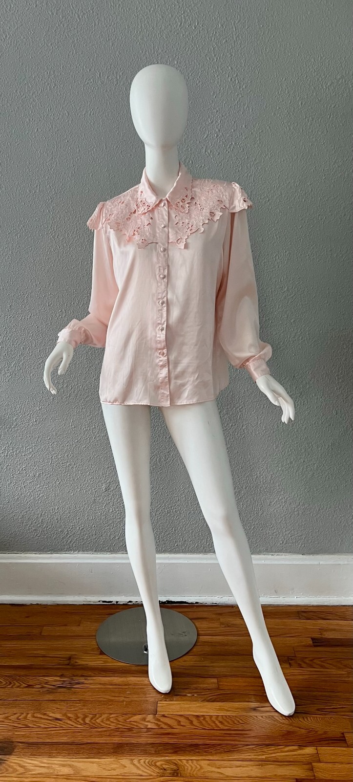 Vintage Light Pink Silky Liquid Satin Button Secretary Blouse Top M