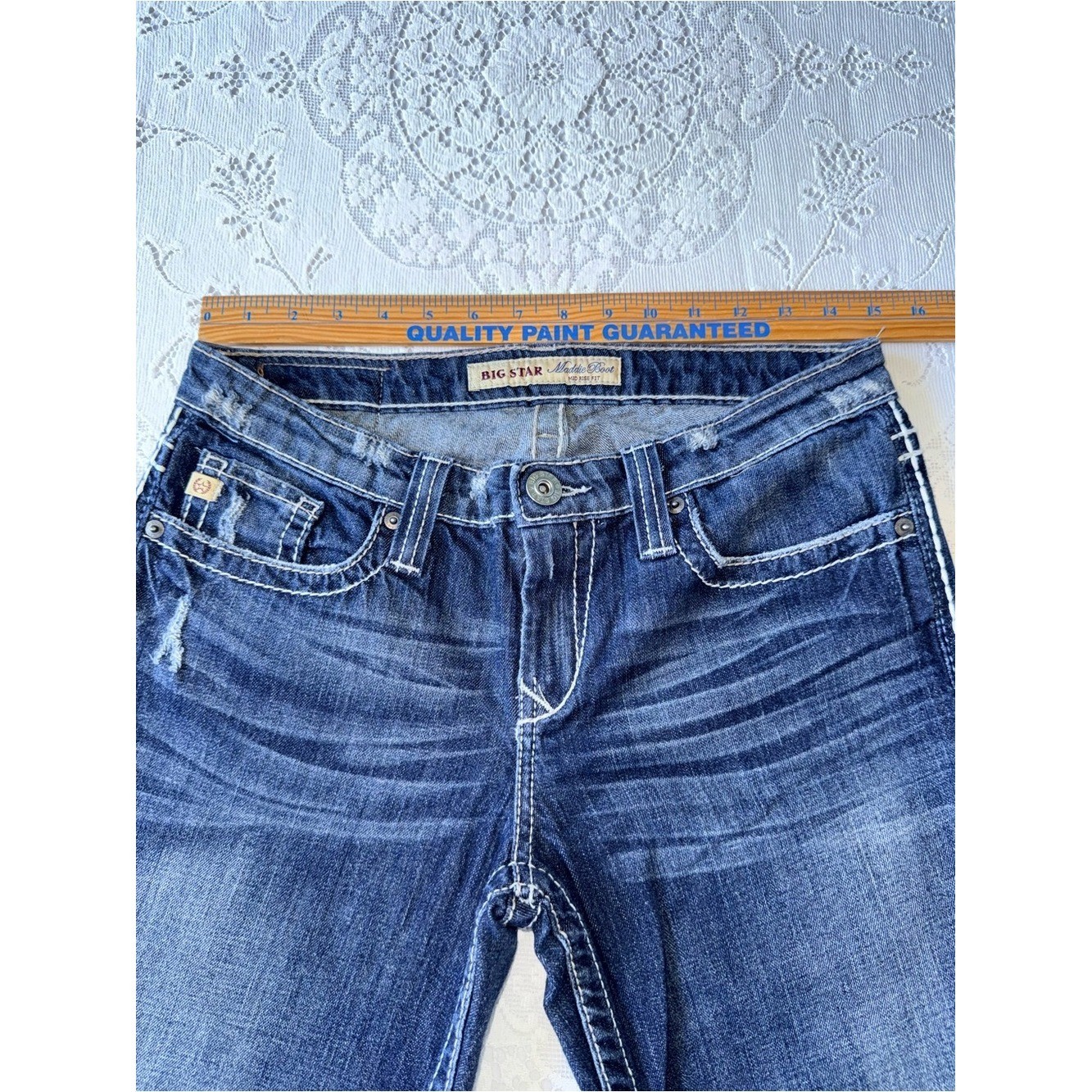 Big Star Maddie Boot Mid Rise Fit Jeans Size 28L Thick Stitch Distressed Y2K