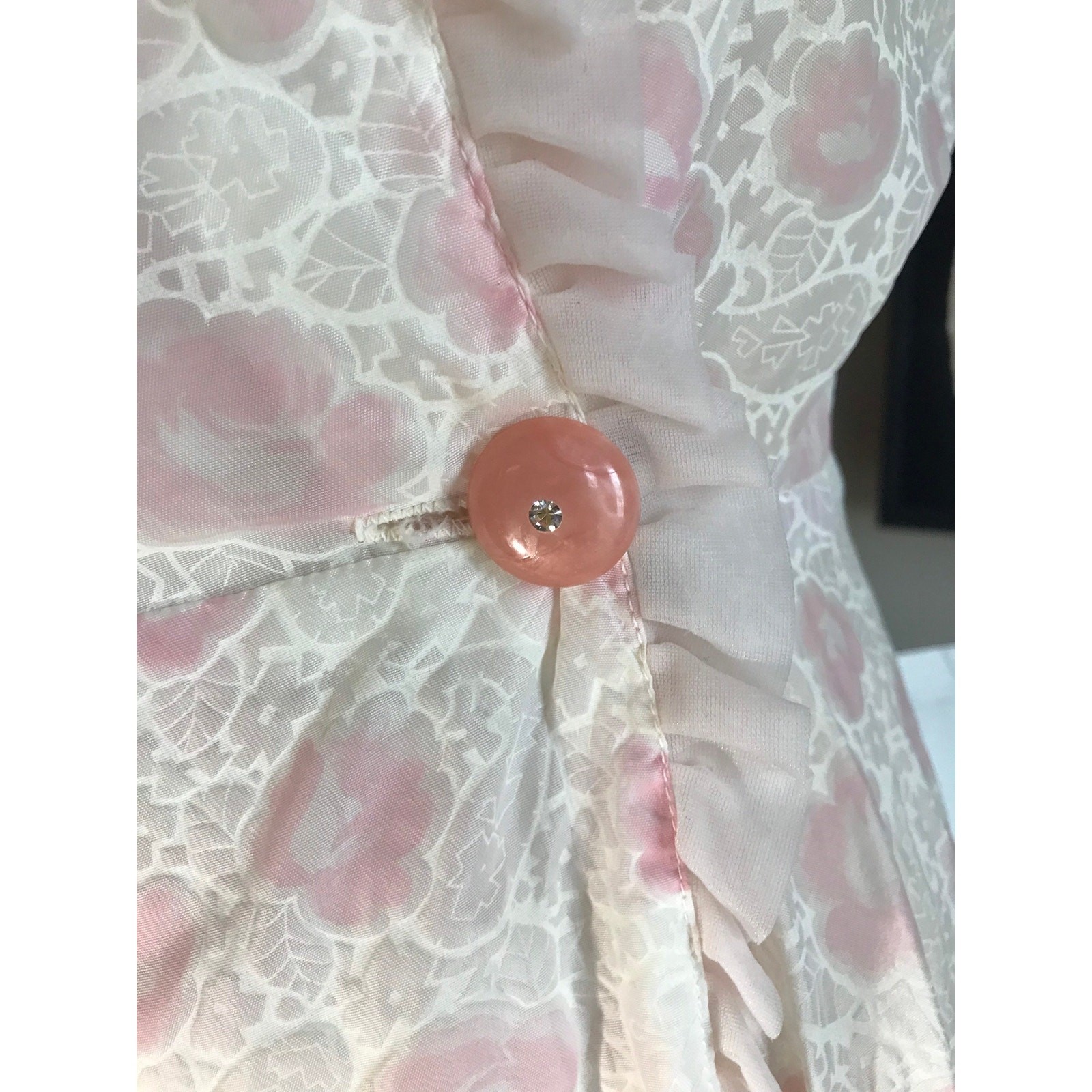 Jane Joyce 1940s Robe Sheer White Paisley Pink Floral Ruffled Dressing Gown