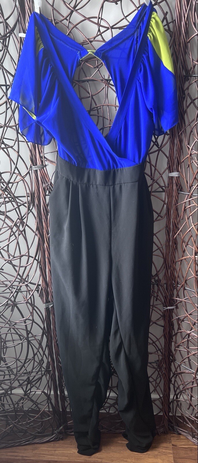BUTTERFLY SLEEVE ONE PIECE RETRO BLUE GREEN AND BLACK CHIFFON JUMPSUIT