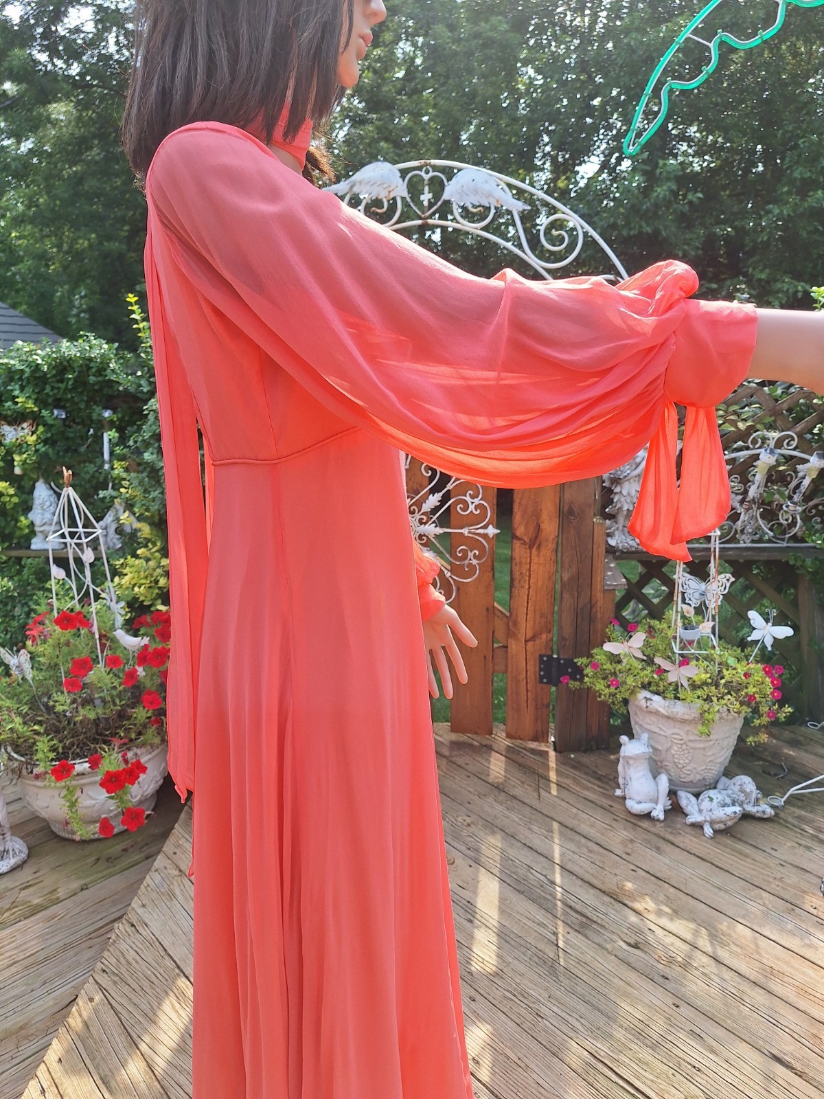 Mid-century Mod 1970s Empire Waist Chiffon Evening Gown Maxi Dress Bridesmaid L