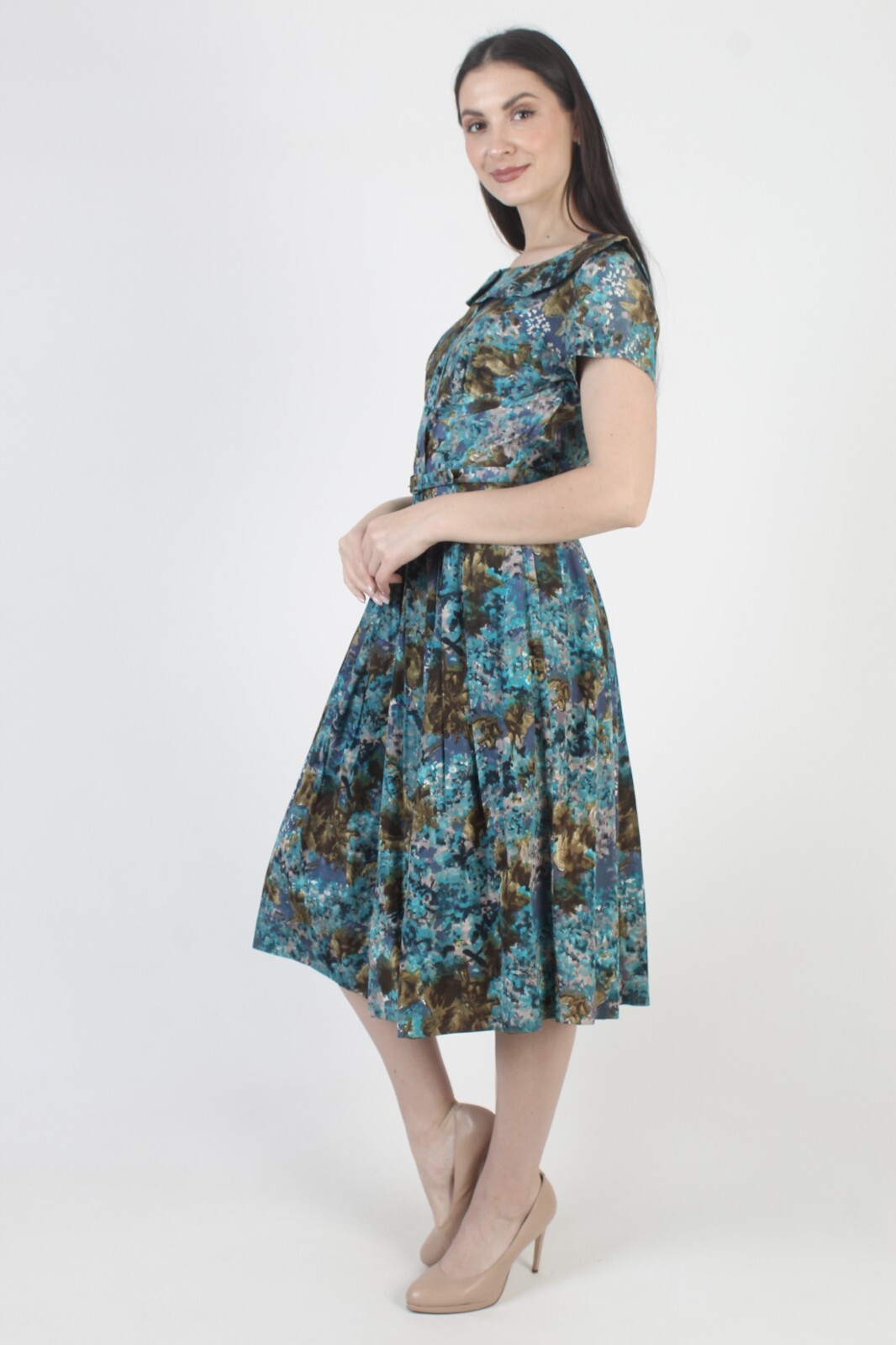 Vintage 50s Pat Nichols Floral Dress Mid Century Pin Up Belted Rockabilly Swing