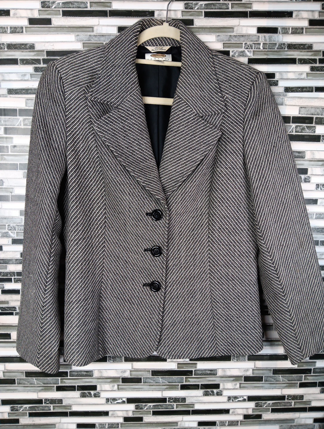 Wool Blazer Women’s 8 Gray Black Tweed Striped Italian Career Jacket Old Money
