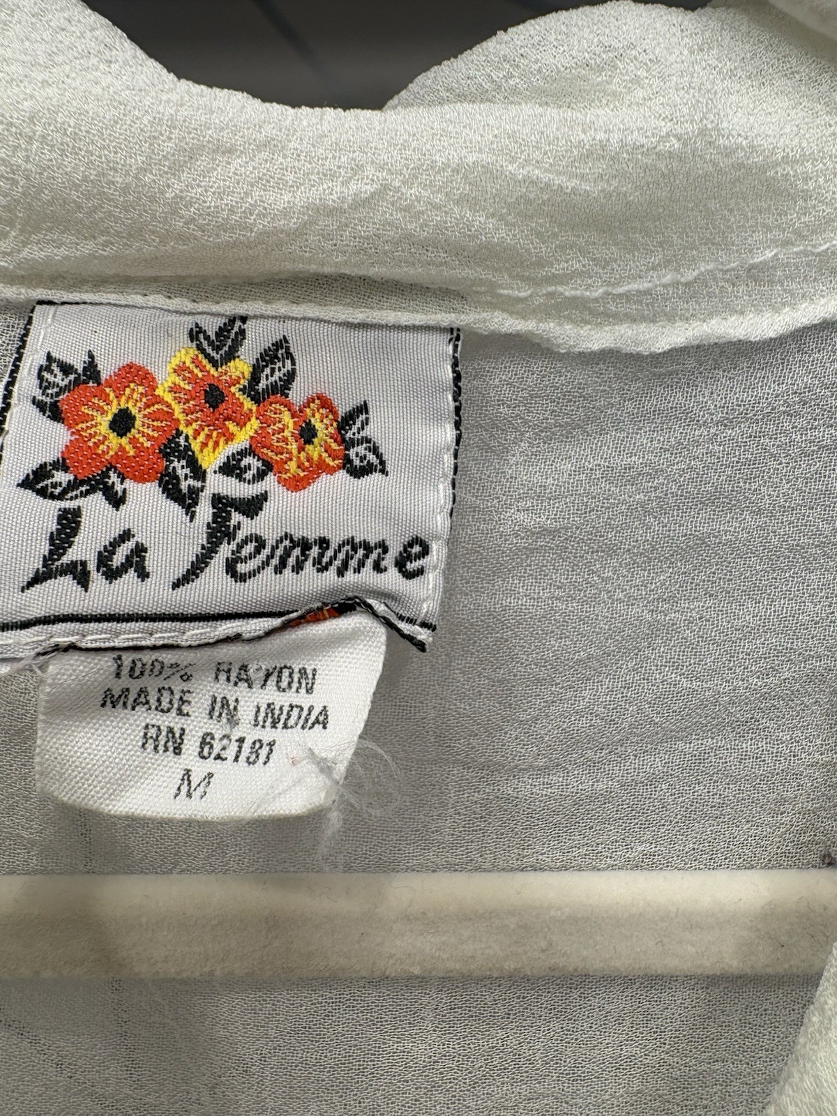 Vintage La Femme White Embroidered Rayon Blouse M Sheer Sleeveless Made India