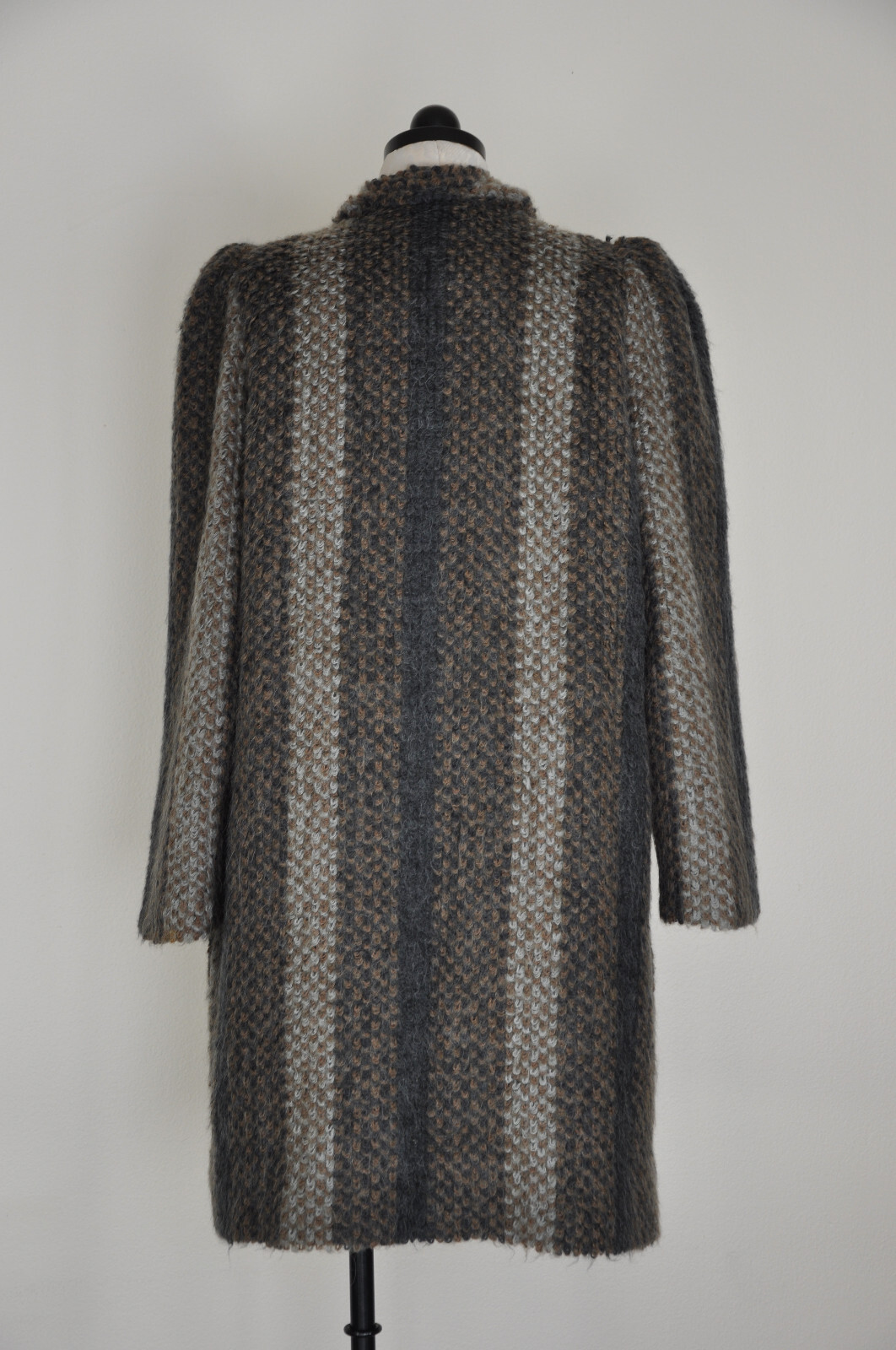Vintage 80s Gray Wide Stripe Wool Boucle Loop Knit Puff Sleeve Wrap Coat Women M