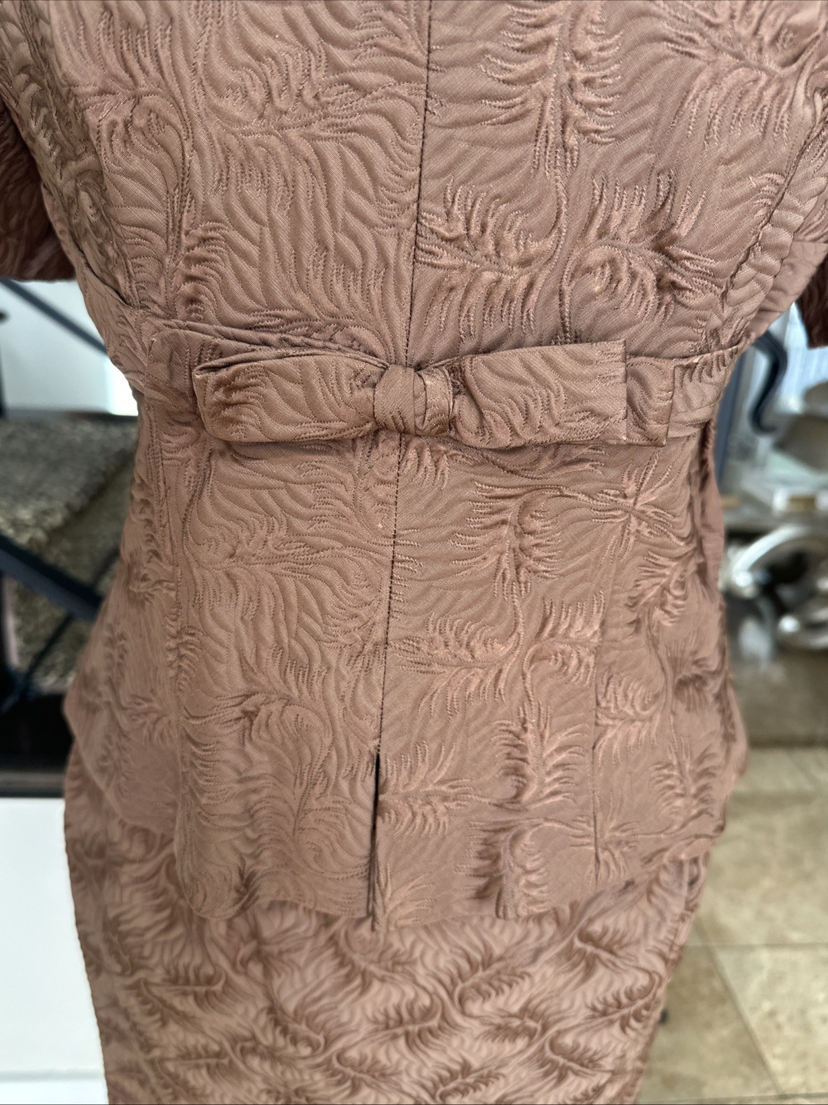 Sophie Gimbel Couture For Saks 50s Mocha Brown Silk Matelasse 3 Piece Skirt Suit
