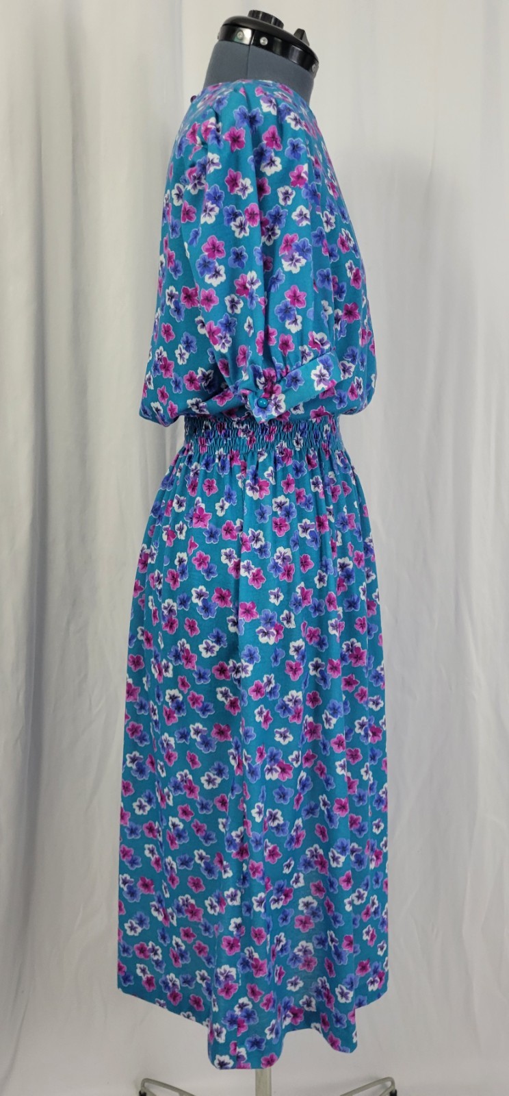 Vintage Items of CA Blue Blouson Dress w White & Purple Flowers Size 14