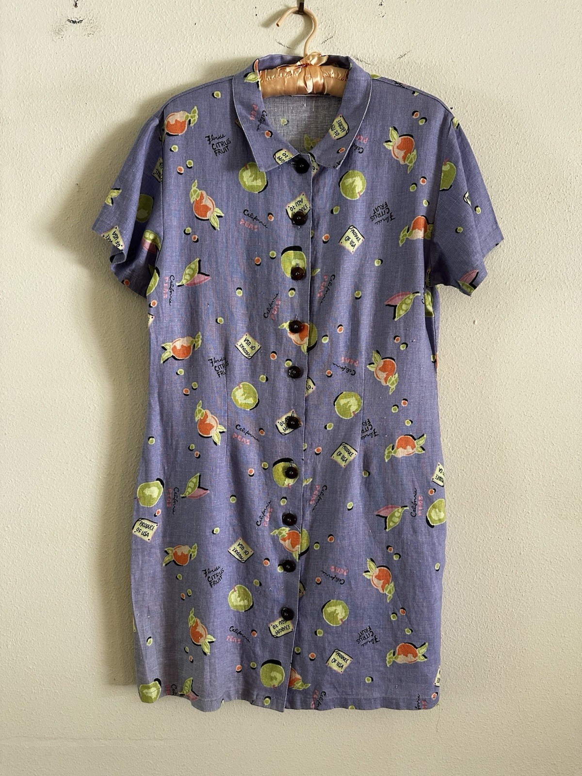 Vintage 90s Linen Novelty Citrus Fruit Shirt Dress Purple Button Front Kiko S M