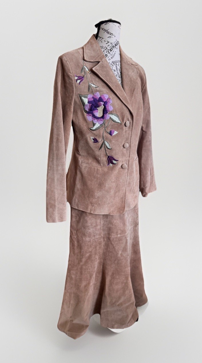 90s Brownstone Studio Leather Suede Floral Embroidered Boho Jacket & Skirt 10