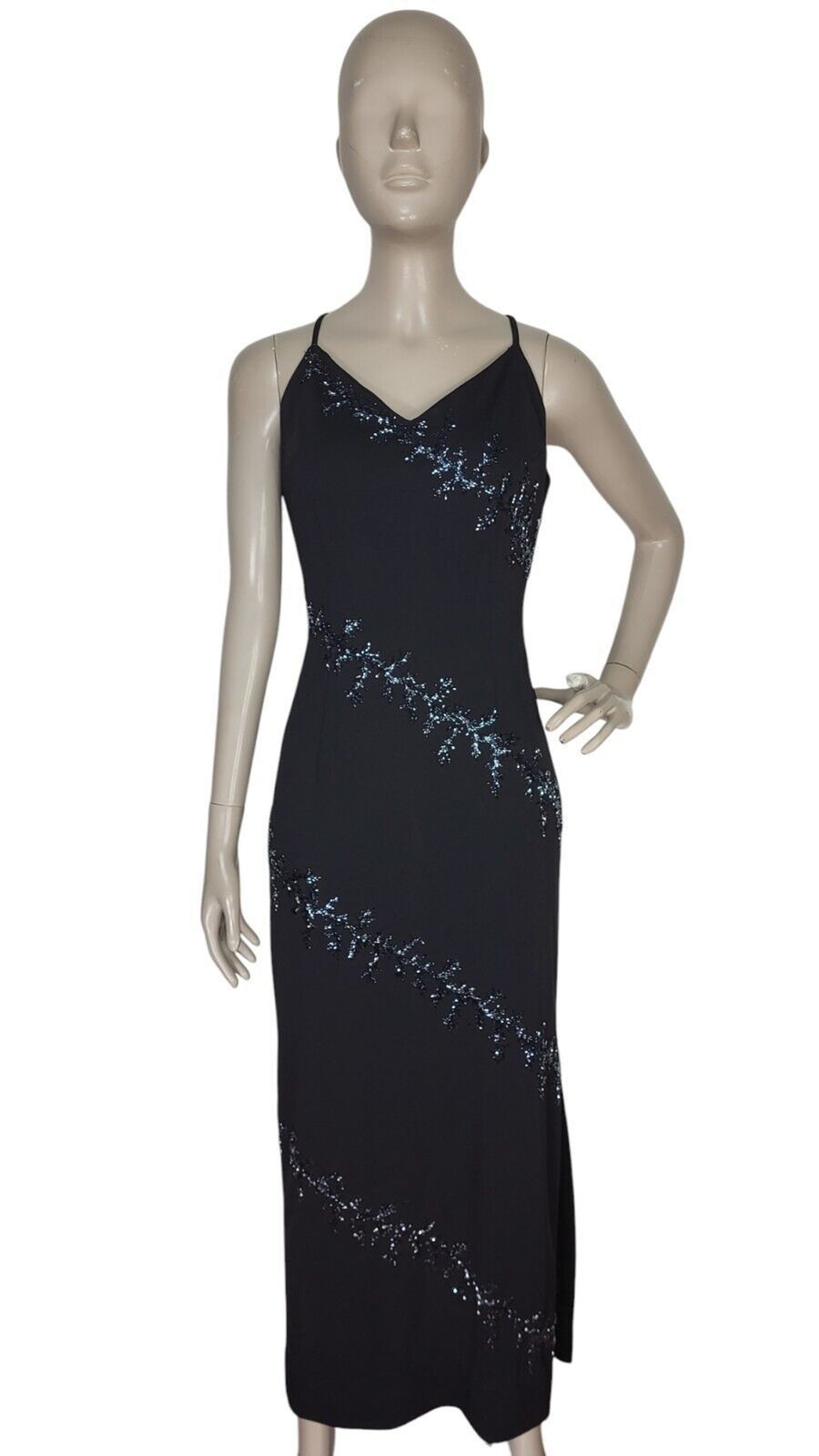 Vintage Y2K 90’s Dusk Sexy Side Slit Black Beaded Cocktail Party Maxi Dress Sz 4