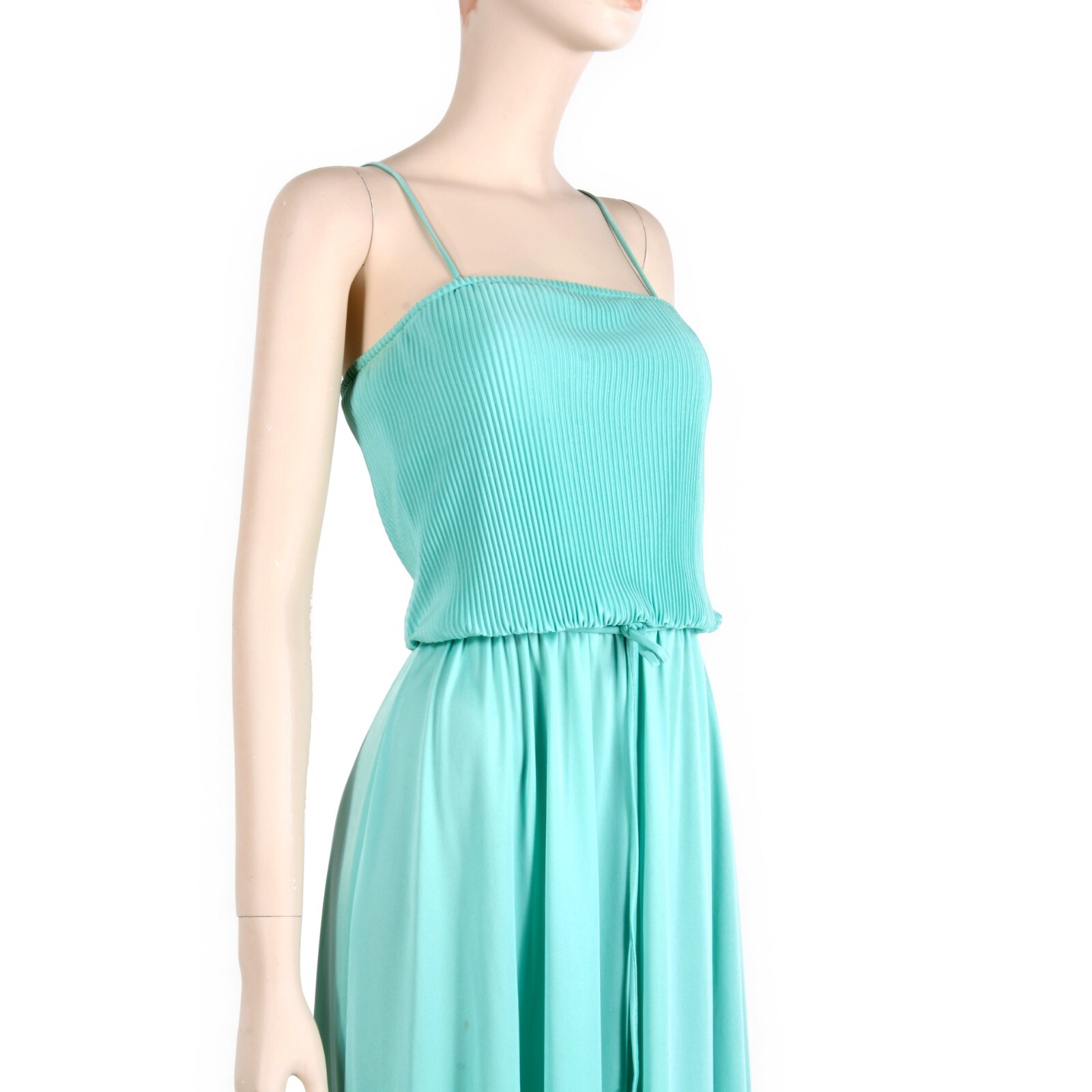 M Vintage 1970s Mint Green Aqua Silky Casual Sleeveless Maxi Dress 70s