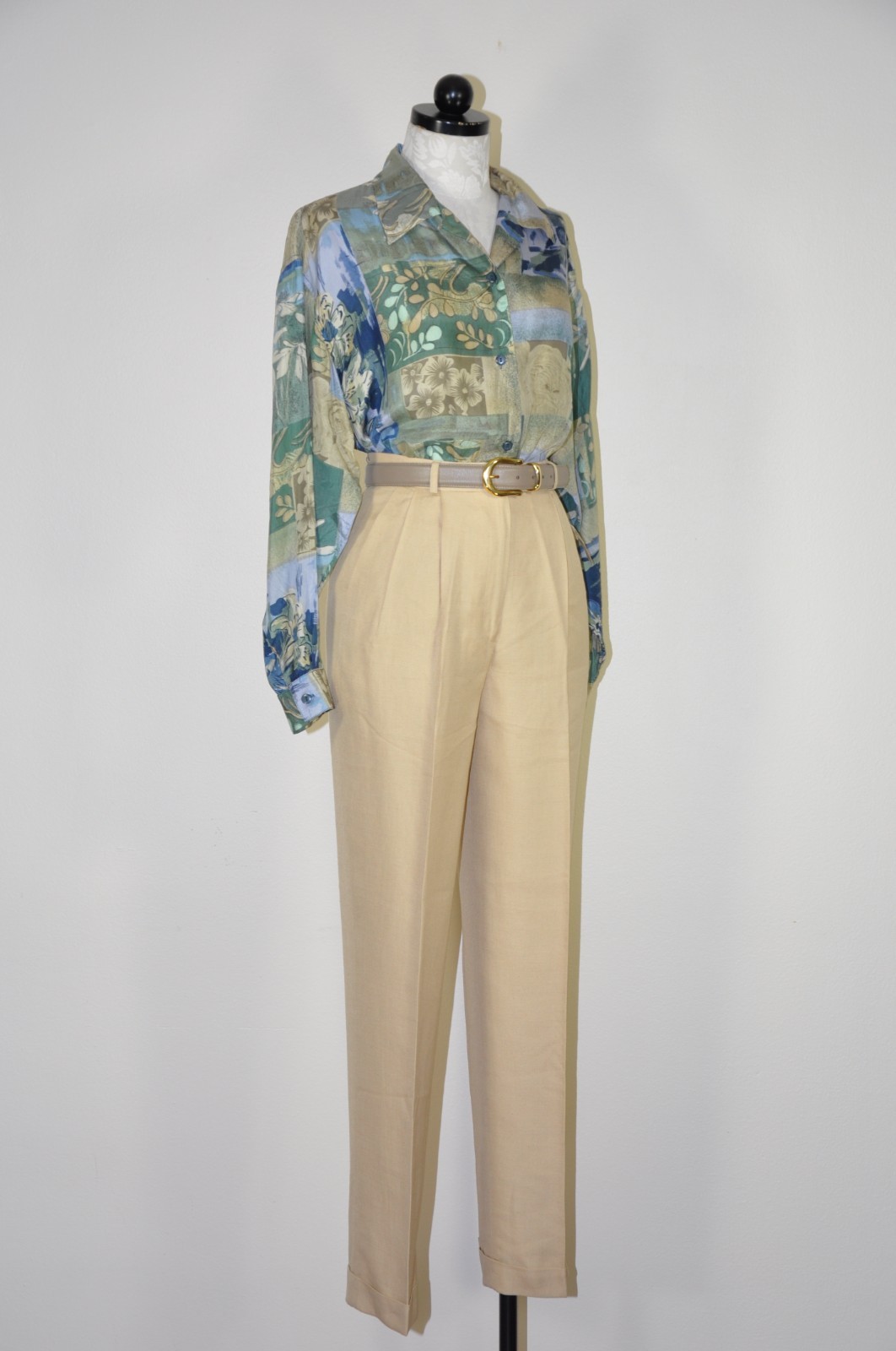 90s Vintage Green Silk Botanical Floral Print Oversized Shirt Blouse Top Women M