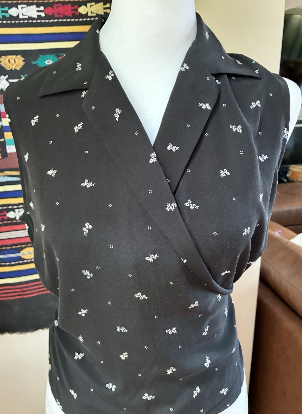 Vintage 90s Y2K Black Silk Collared Sleeveless Wrap Tie Shirt Blouse Career L