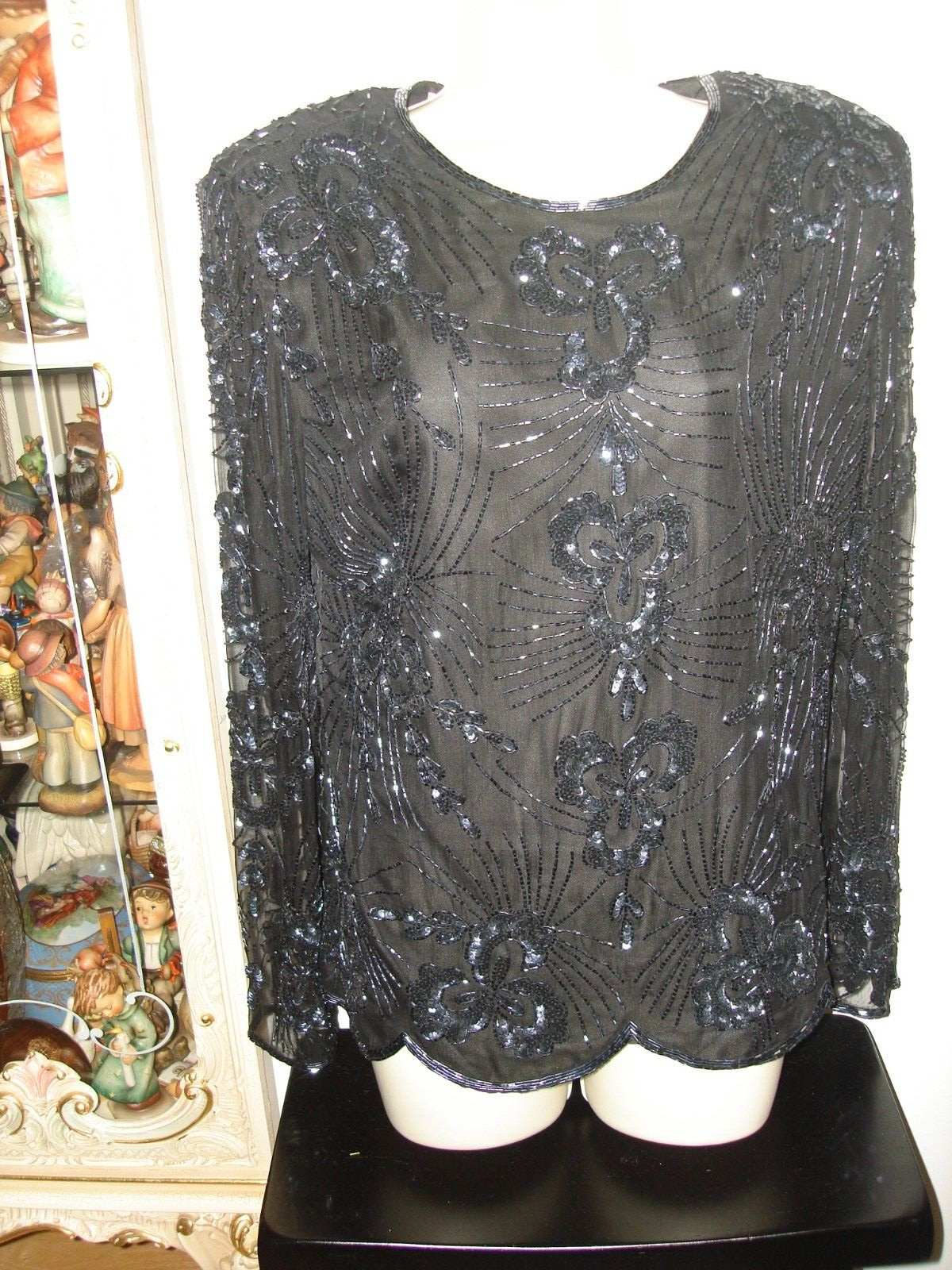 Vintage Unique Nice STENAY EVENING Black Silk Beaded Cocktail Long Sleeve Top L