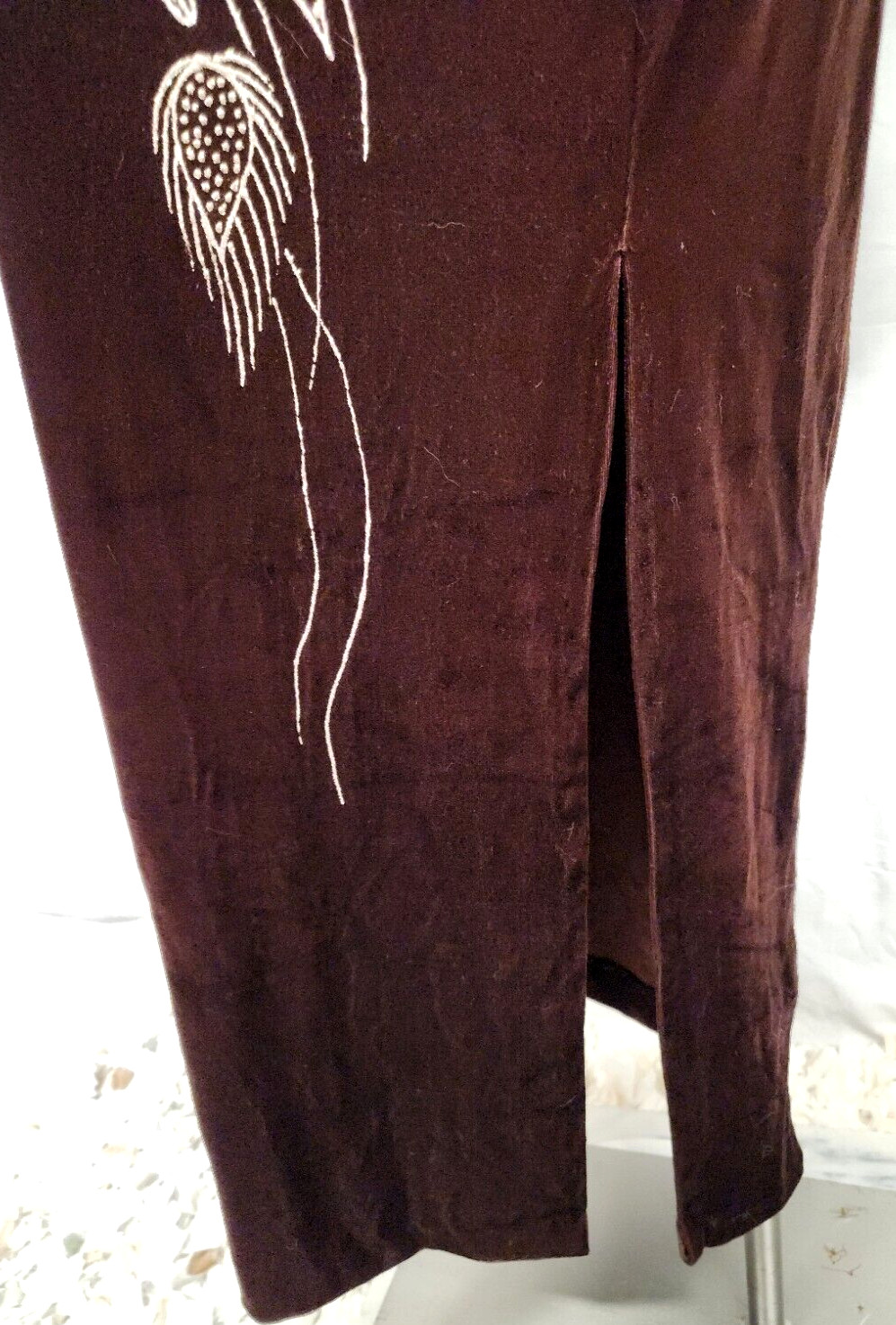 Vintage 90’s Beautiful Brown Velvet Silver Glitter Leaf Design Long Maxi Dress