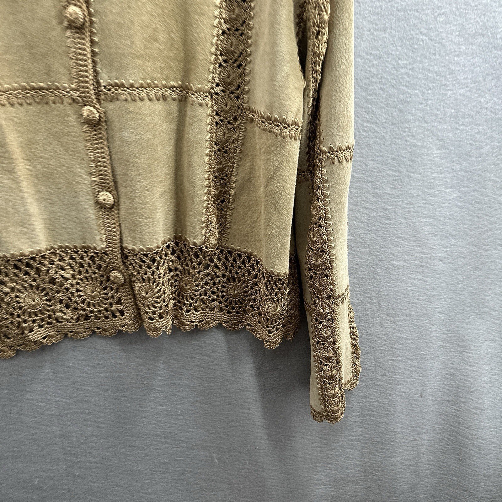 Vintage Suede & Crochet Tan Jacket Hippy Boho Grunge Quiet 70s y2k Women’s L