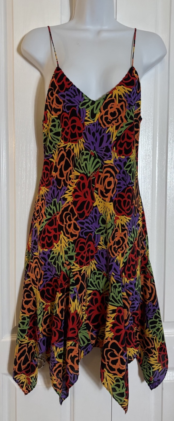 Vtg Papillon by Paula Corbone Nightgown Bold Print Handkerchief Hem USA Small