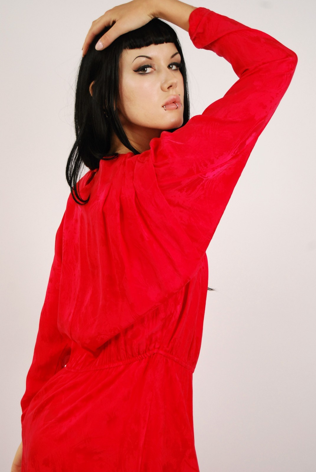 80s Blouson Dress (L) large red vintage midi silks by Nilani candy apple chic