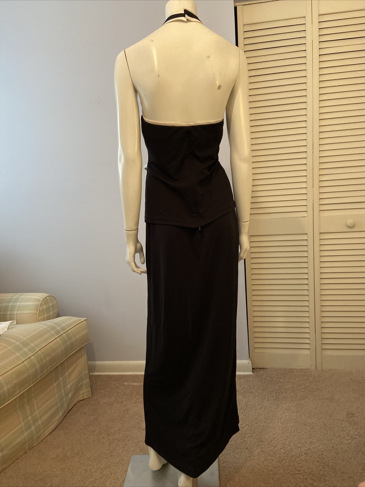 Vtg CHIC JOSEPH RIBKOFF 2 PC Halter Top Skirt Black With White Trim Slit Sz 10