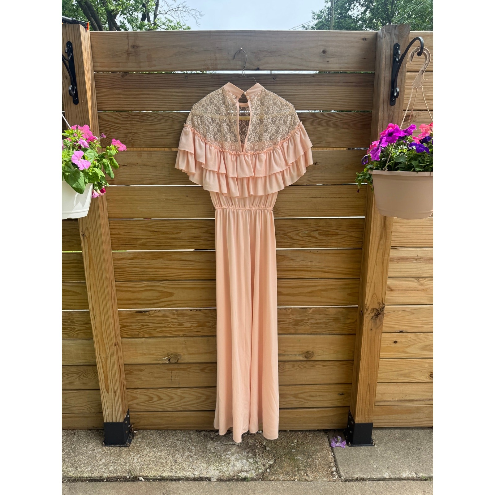 Vintage 1970s Prom Dress Pink Lace Ruffle Caplet Gown Prairie Cottagecore Small