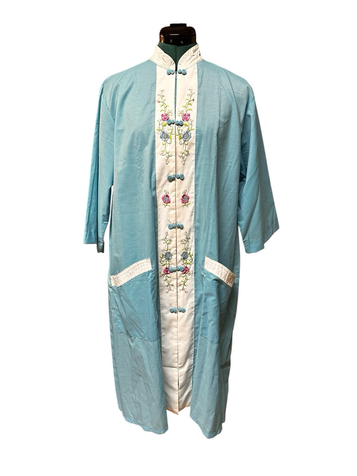1960s Vintage Jodie Arden Kimono House Dress Embroidered Blue X-Large