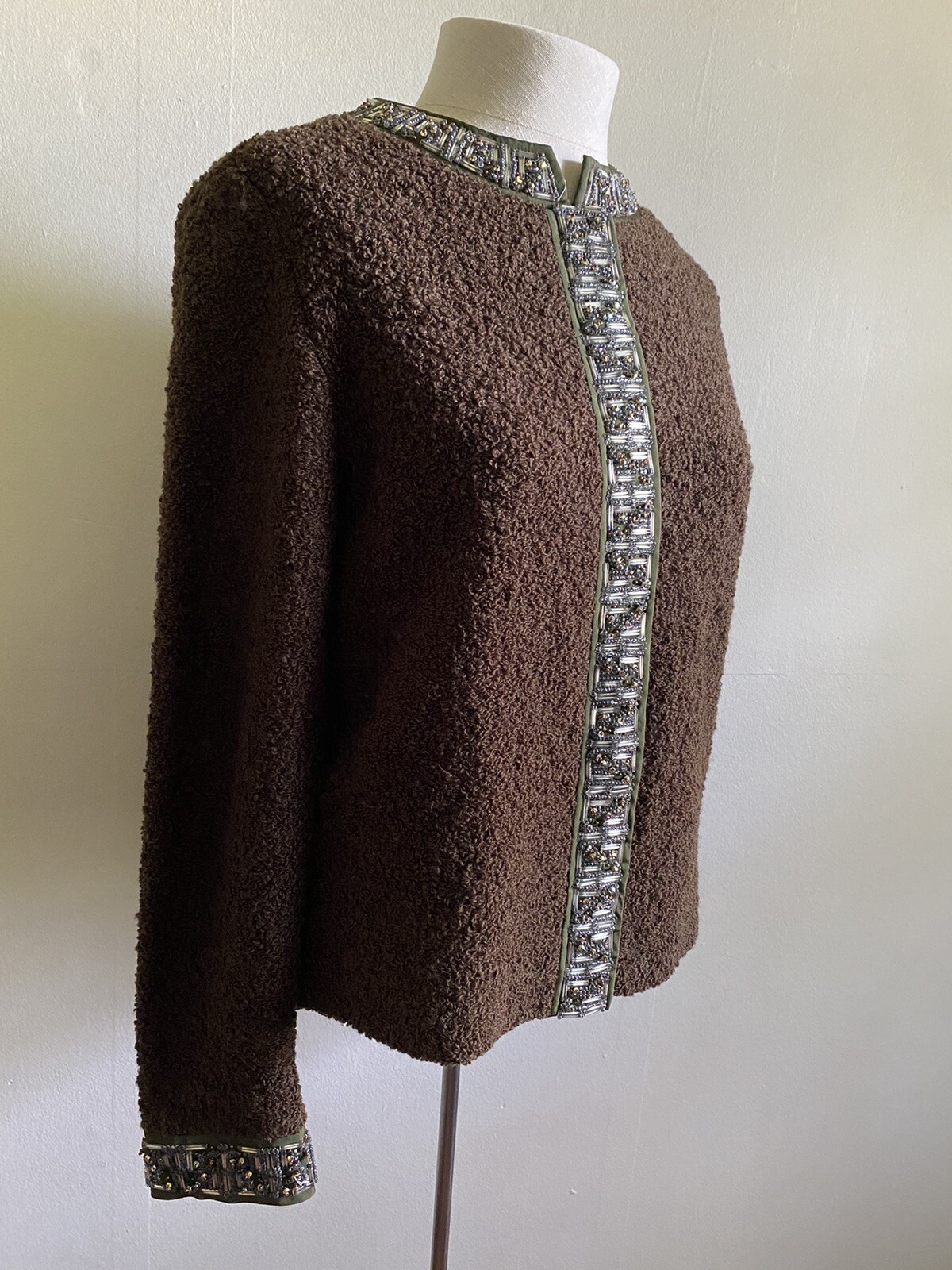 Vintage Robinson’s Hong Kong Boucle Wool Beaded Cardigan M/L Brown Green 1960s