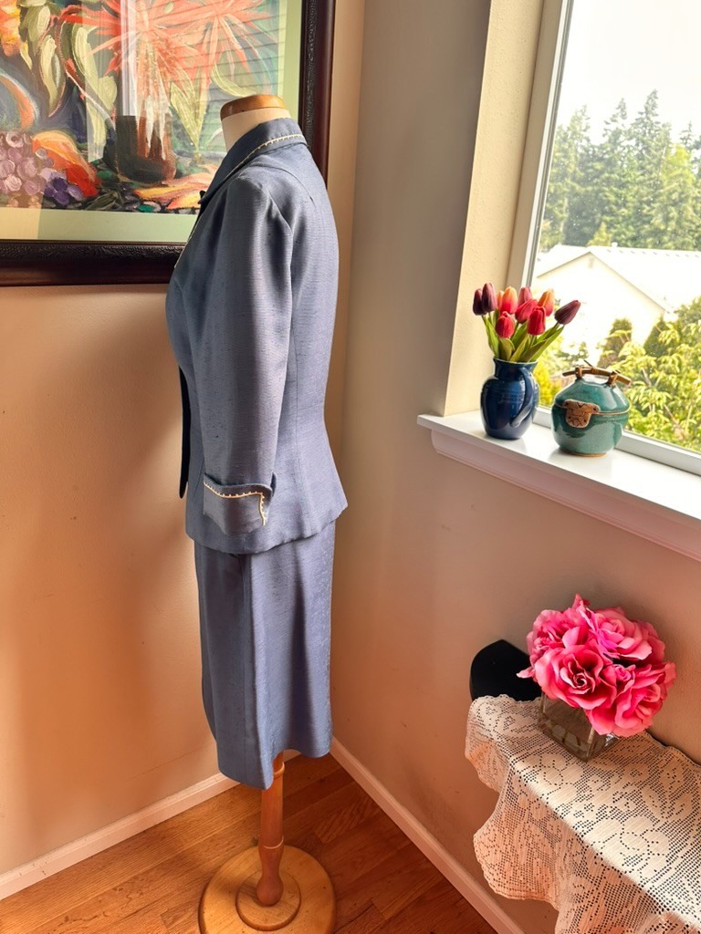Blue Raw Silk Suit by Country Club Coat c1950 – Tailored Jacket & Skirt – S