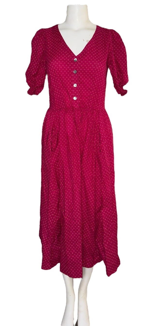 Vtg LAURA ASHLEY Midi Dress Puff Smock Sleeve Dot Print Raspberry Red size 10*
