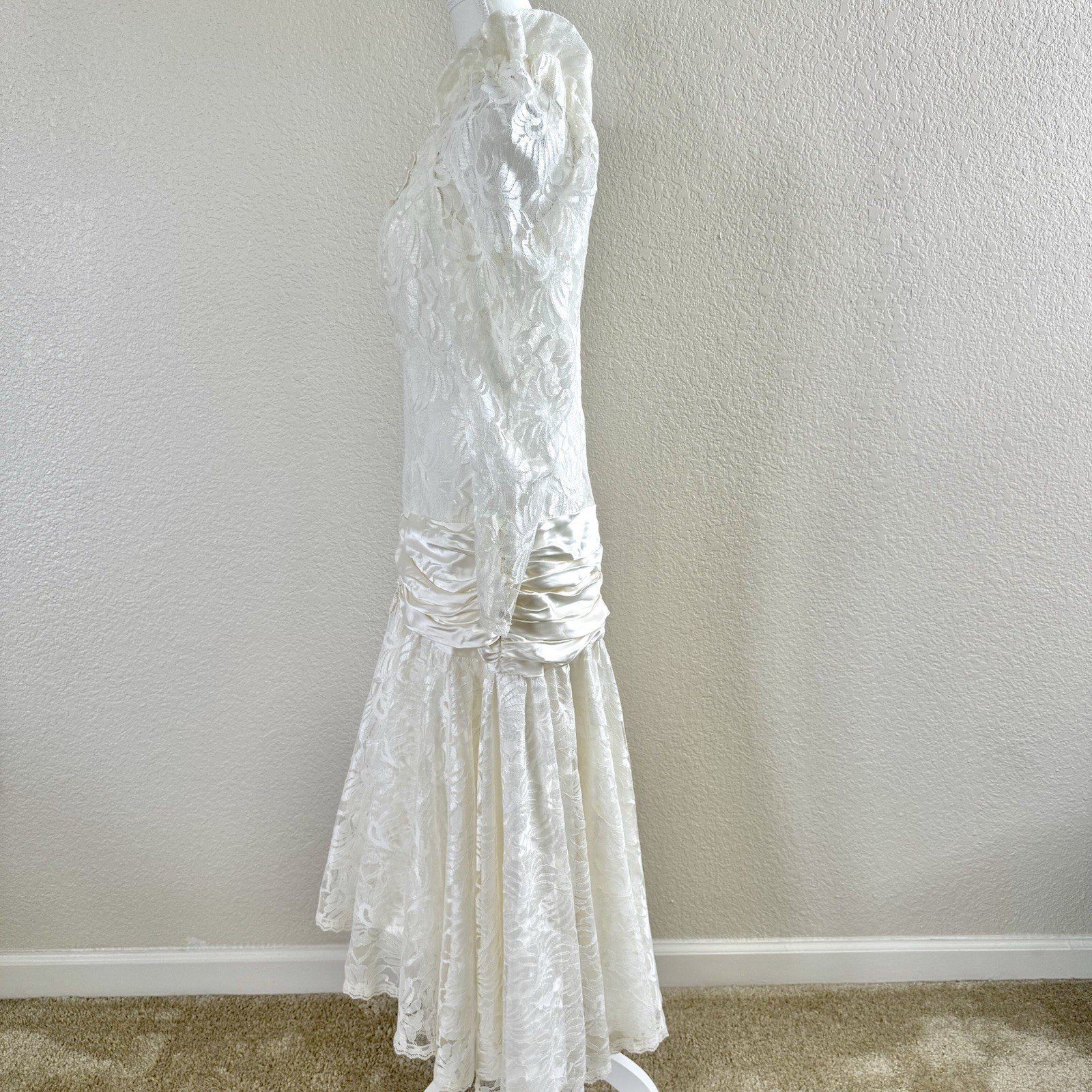 Vintage 80s Bonnell White Lace Chiffon Hi Lo Dress Wedding Prom Party Deco Sz M