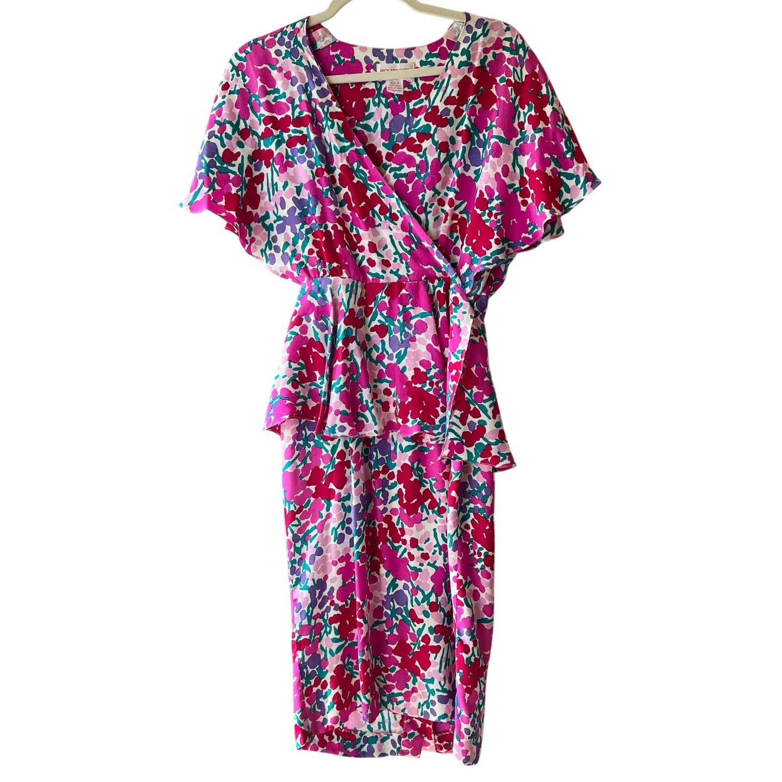 Jack Mulqueen Vintage Silk Dress Size 4 S Bright Floral Peplum Wrap V-Neck 80s