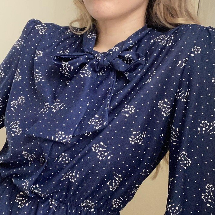 Vintage 1970s Earth Angel Navy Pussybow Midi Dress