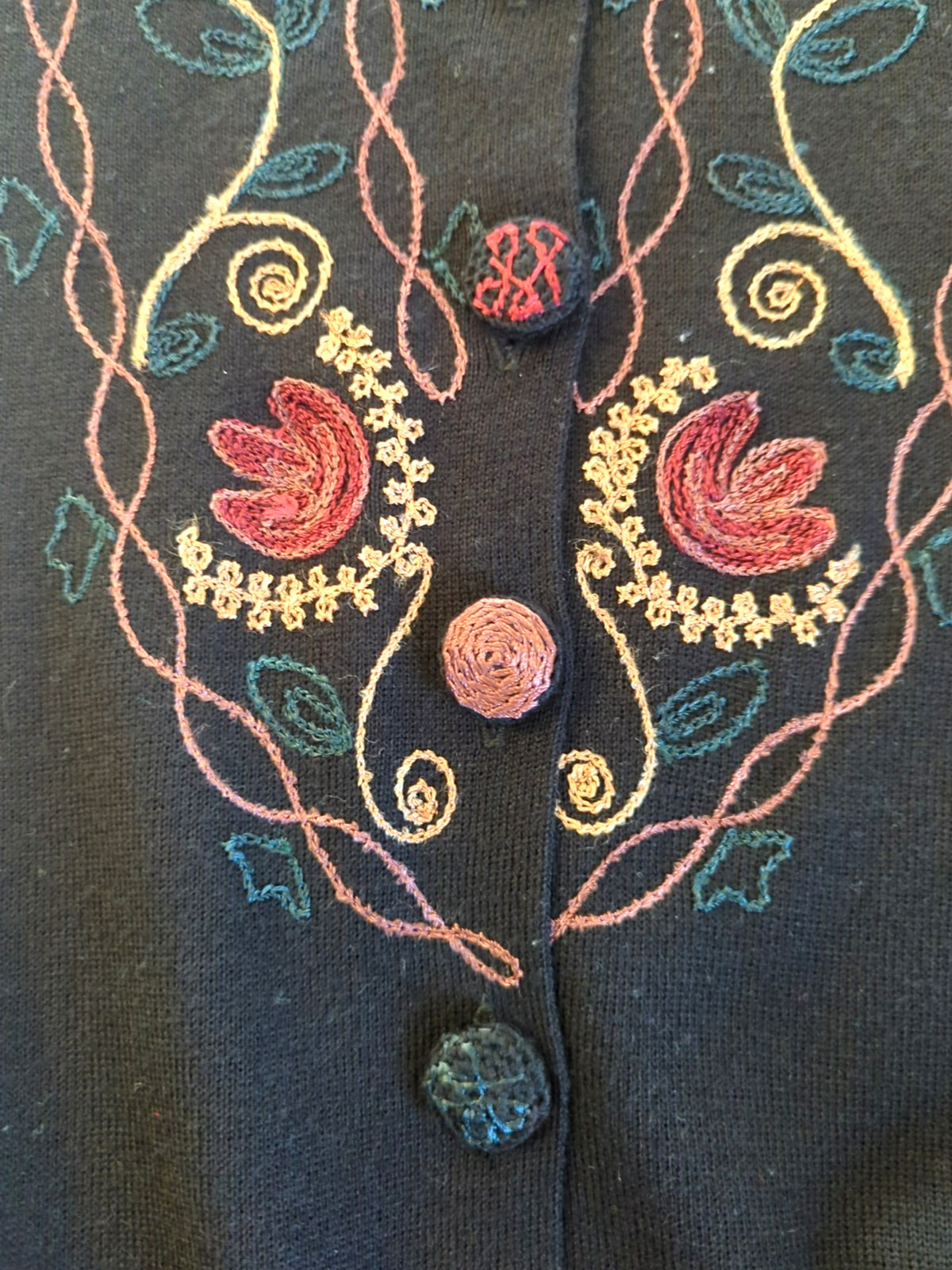 Vtg Embroidered Midi Sweater Dress M Blk Button Up Art to Wear Boho Chic Stylish