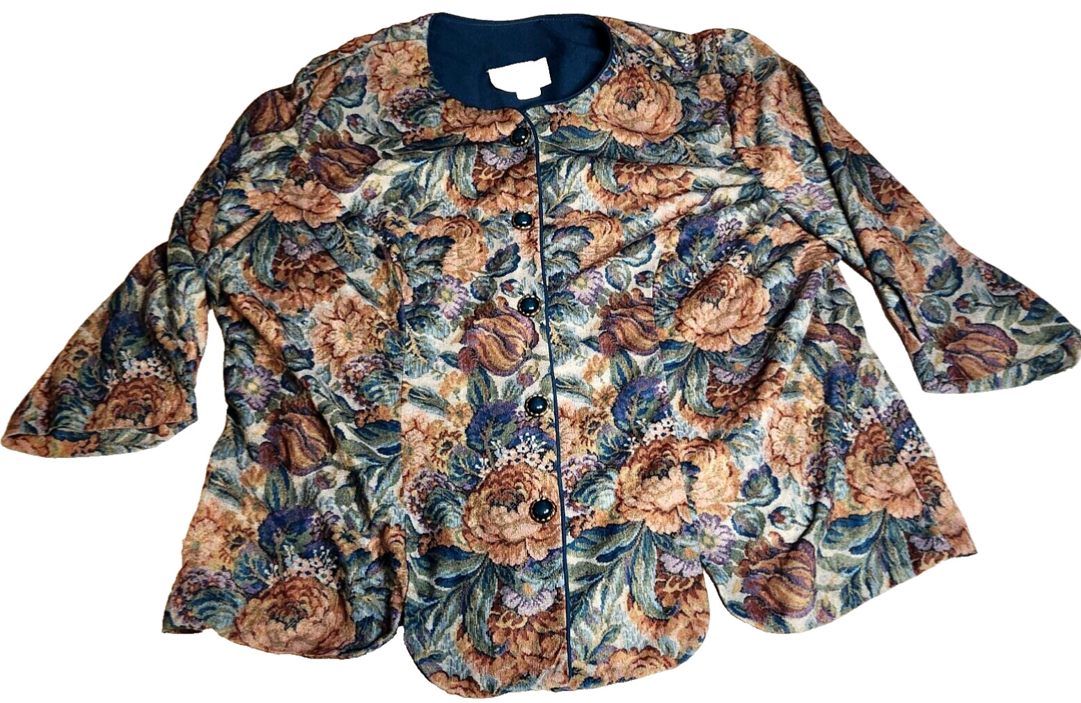 Classic Apparel Womens Blazer Sz 24W Blue Brown Floral 3/4 Sleeve Buttons