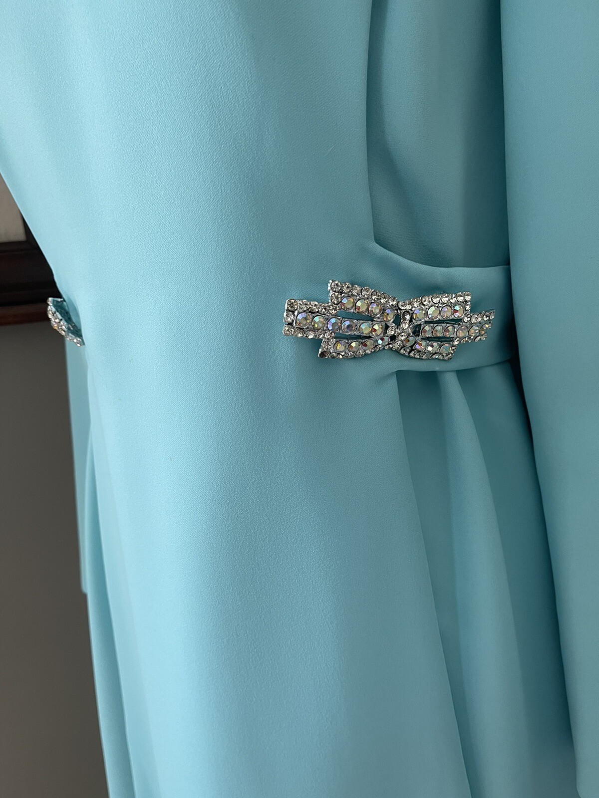 Vintage 1950s -60s Formal Gown Dress Teal Blue Embellished Crystals Horror Movie