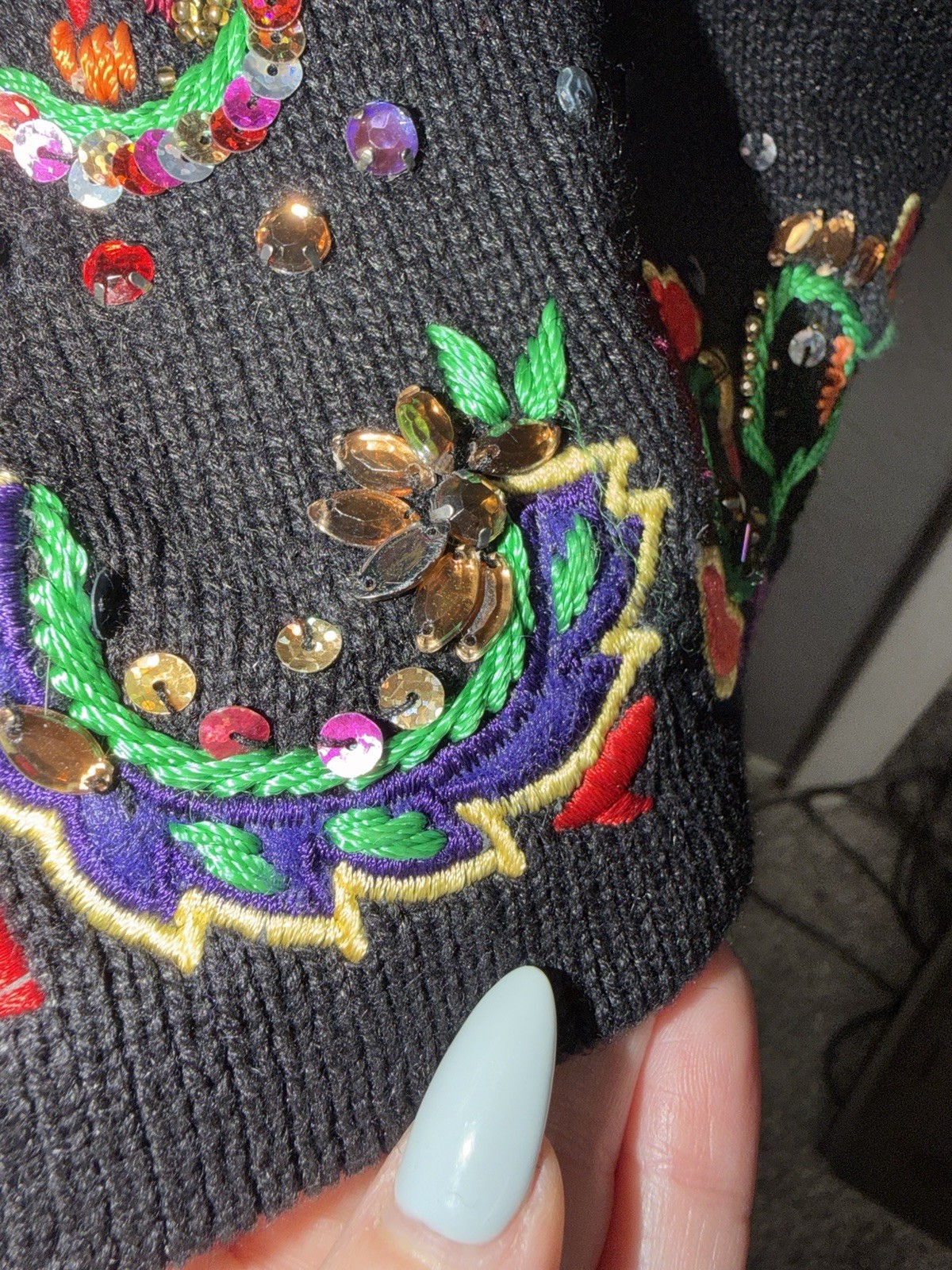 Jack B Quick Button Cardigan Sweater Size Large Sequins Beads Rhinestones Black