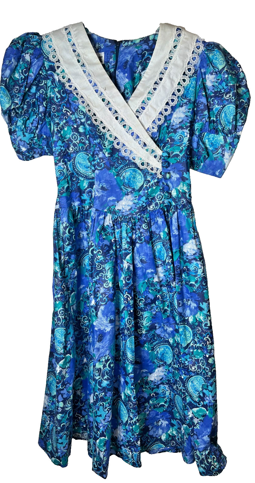 VTG ACT I Women’s Size 10 Blue Floral Garden Party Dress Full Skirt Lace Collar